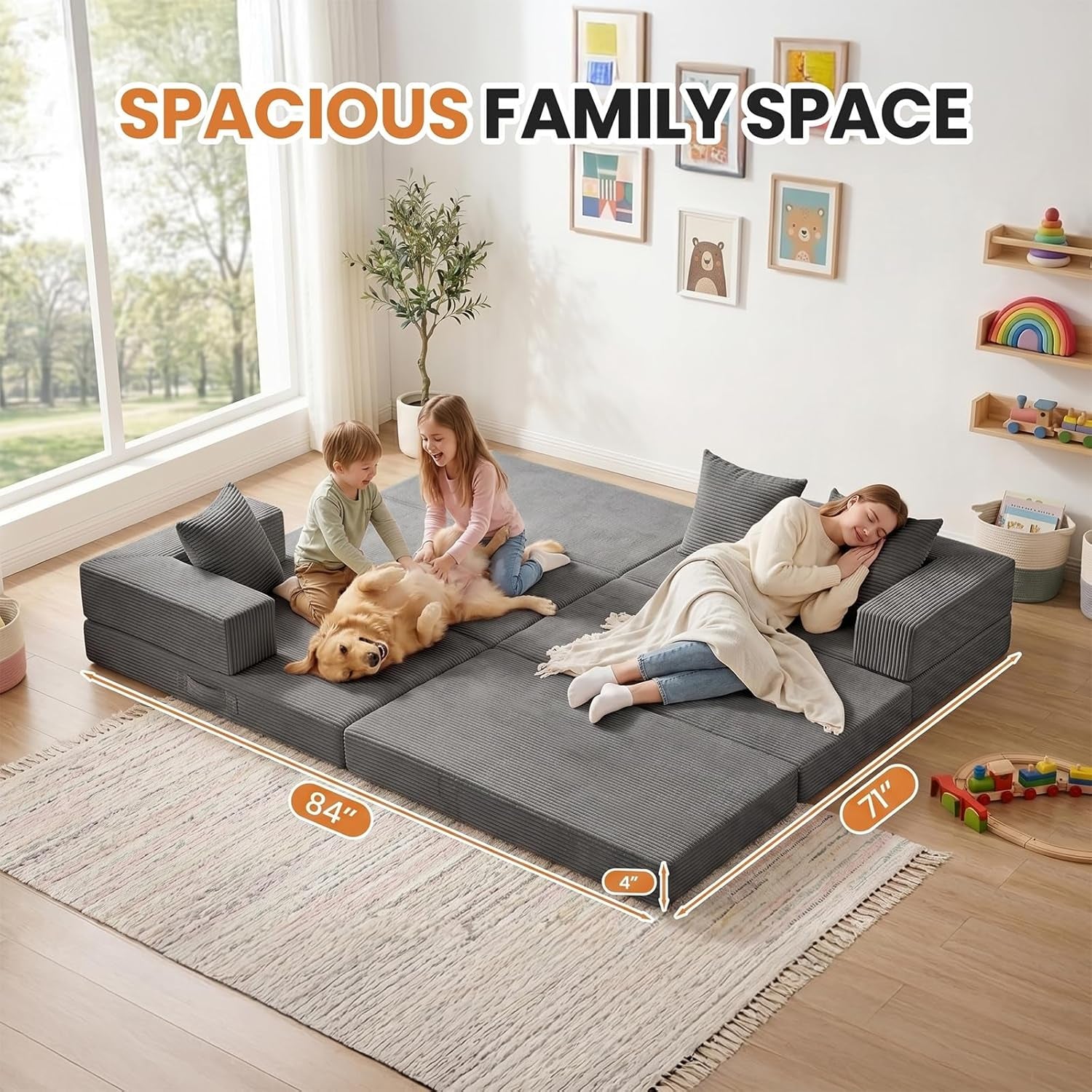 Boneless Couch Small,Convertible Sleeper Sofa Bed, Modular Sectional Sofa, Modern Tri-Folding Cloud Couch with L-Shape Chaise, Corduroy Futon Couches for Small Spaces Apartment,No Assembly