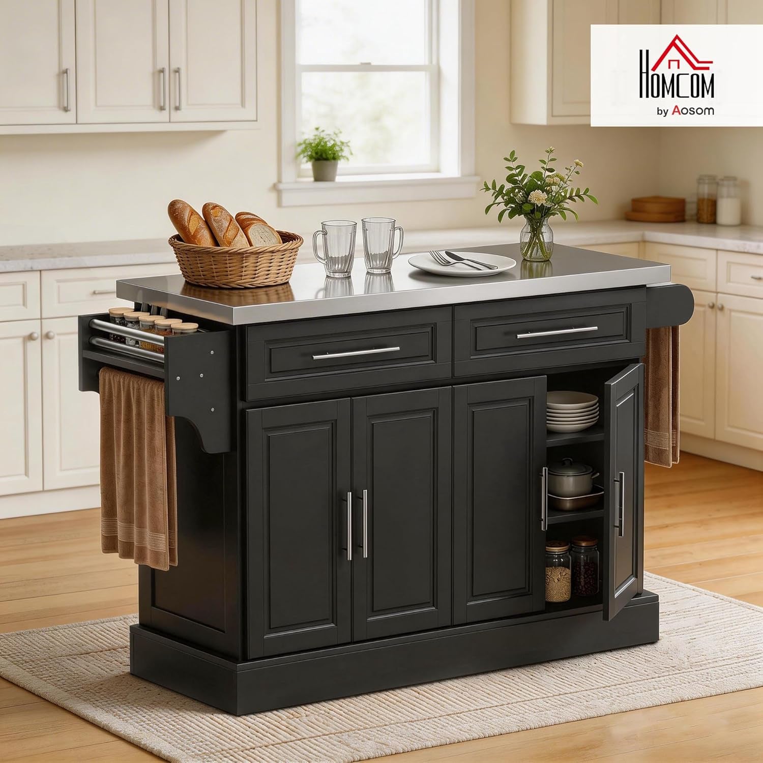 Black kitchen island cart staged in a kitchen with stainless-steel countertop and right cabinet door open showing interior