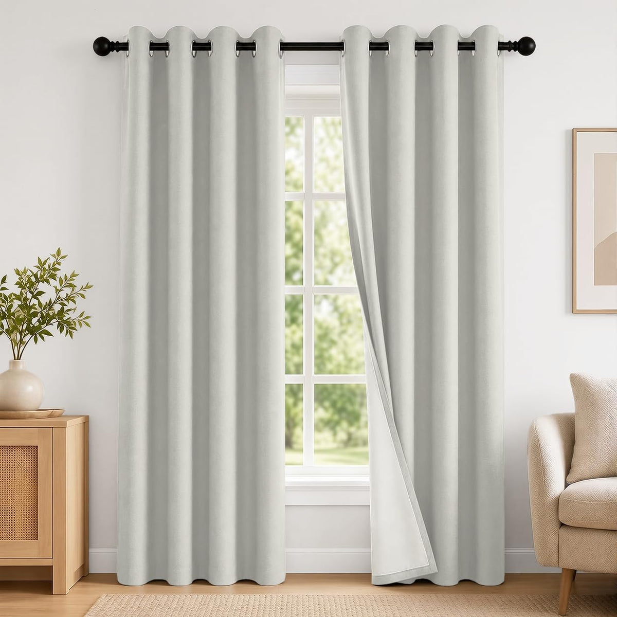 Pair of light gray grommet curtains on a black rod, one panel folded back to reveal white backing.