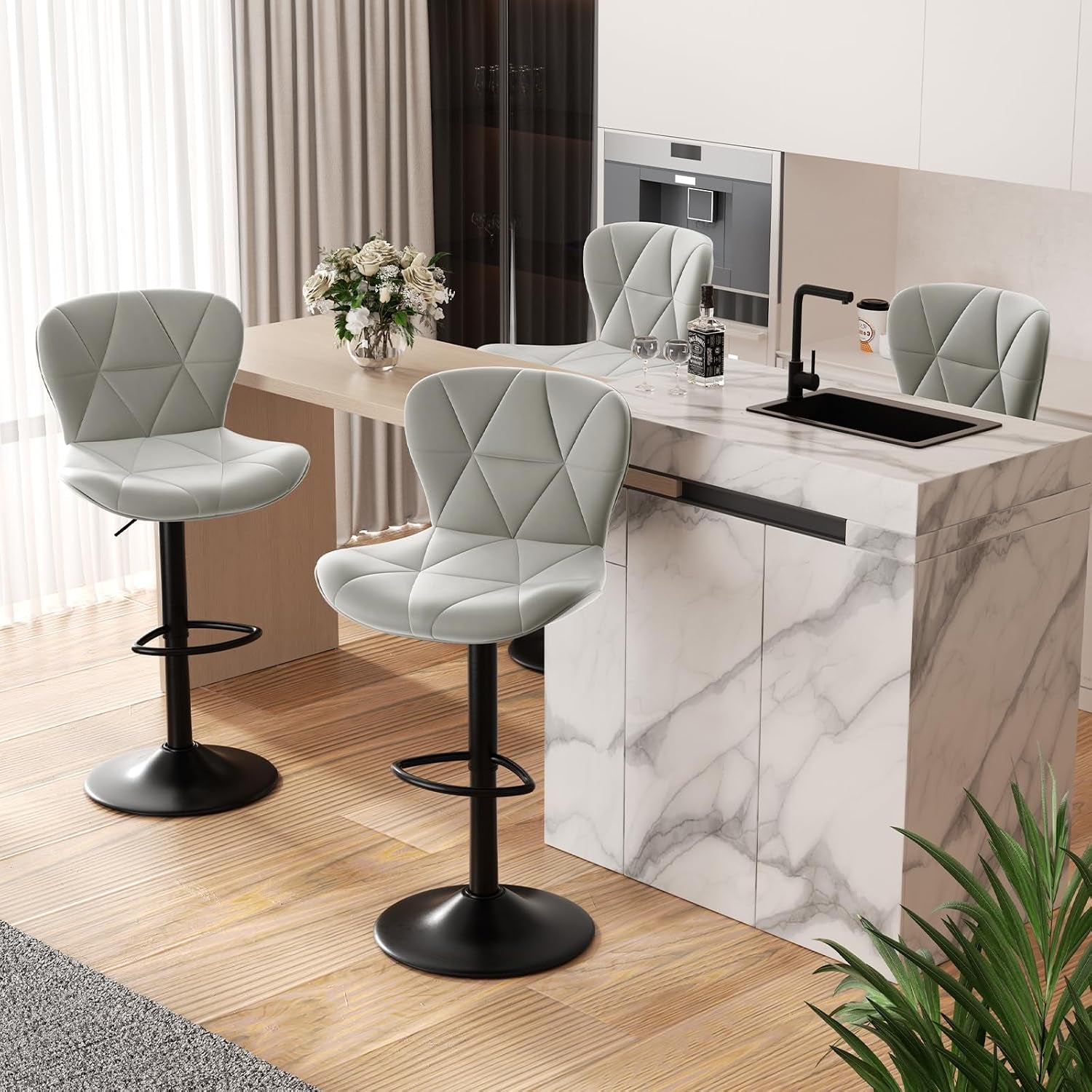 Nalupatio Modern Bar Stools Set of 2, Adjustable Faux Leather Upholstered Swivel Bar Stools, Counter Height, gallery view 20