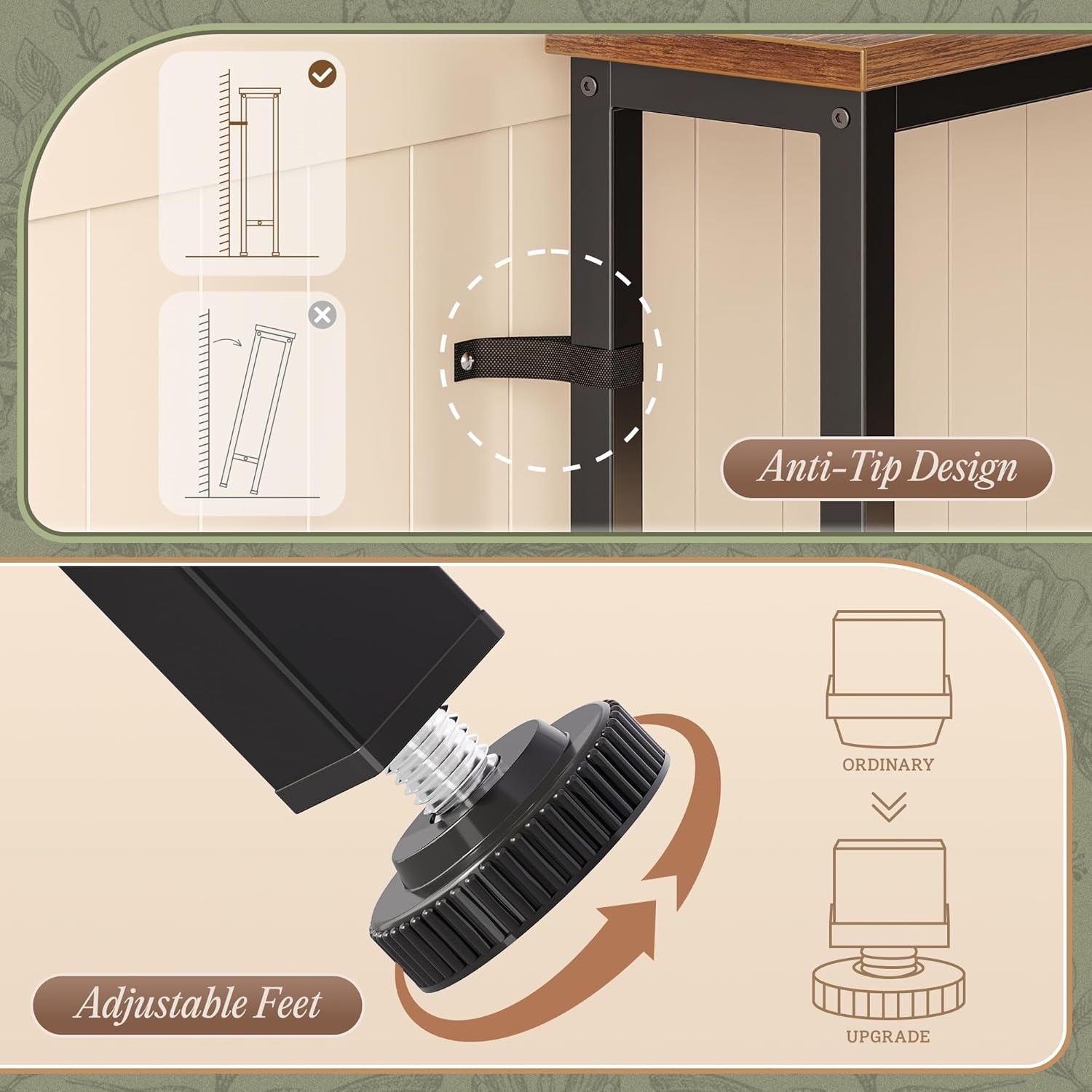 Split graphic showing anti-tip strap on metal legs and a close-up of an adjustable screw foot