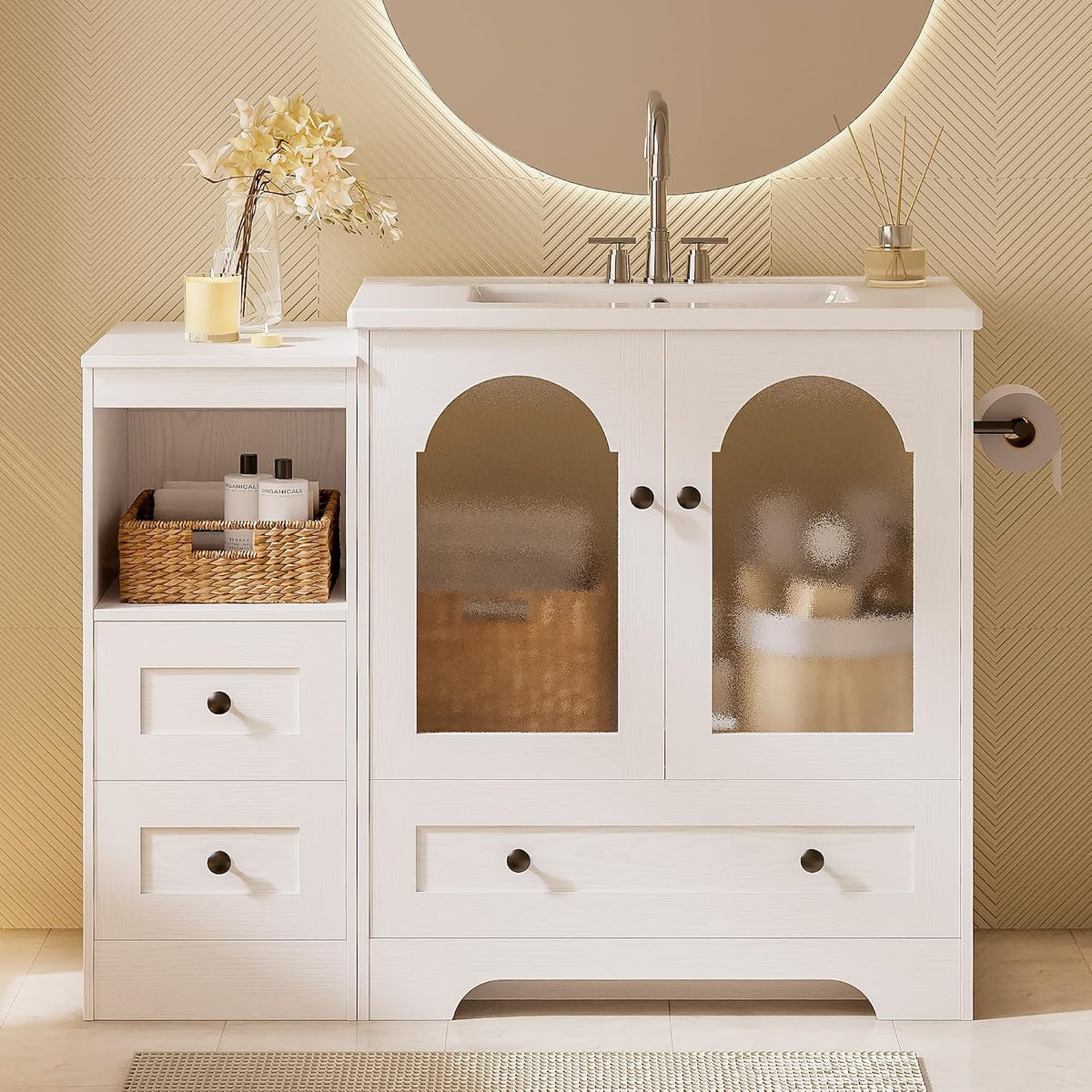 White 42.5-inch bathroom vanity front view with frosted arched doors, left open cubby and ceramic sink