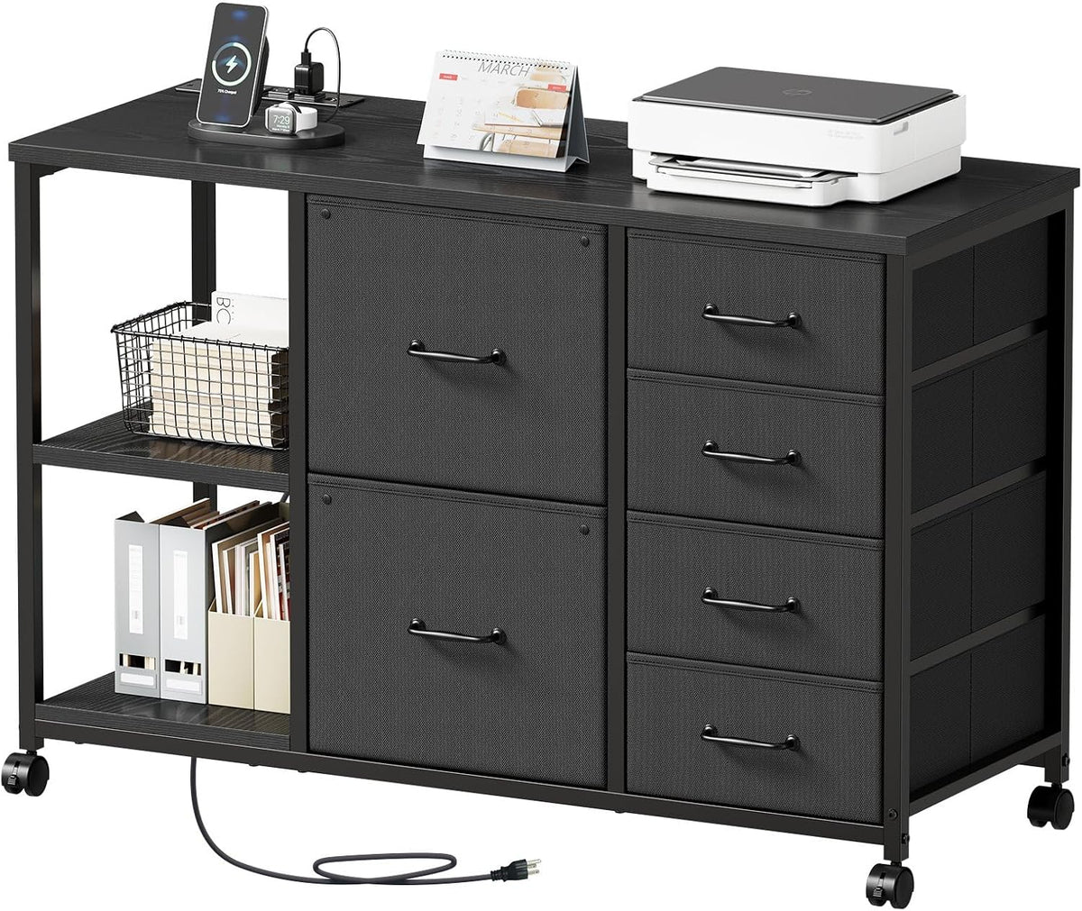 Black rolling file cabinet with fabric drawers, open shelving, top charging station and visible power cord.