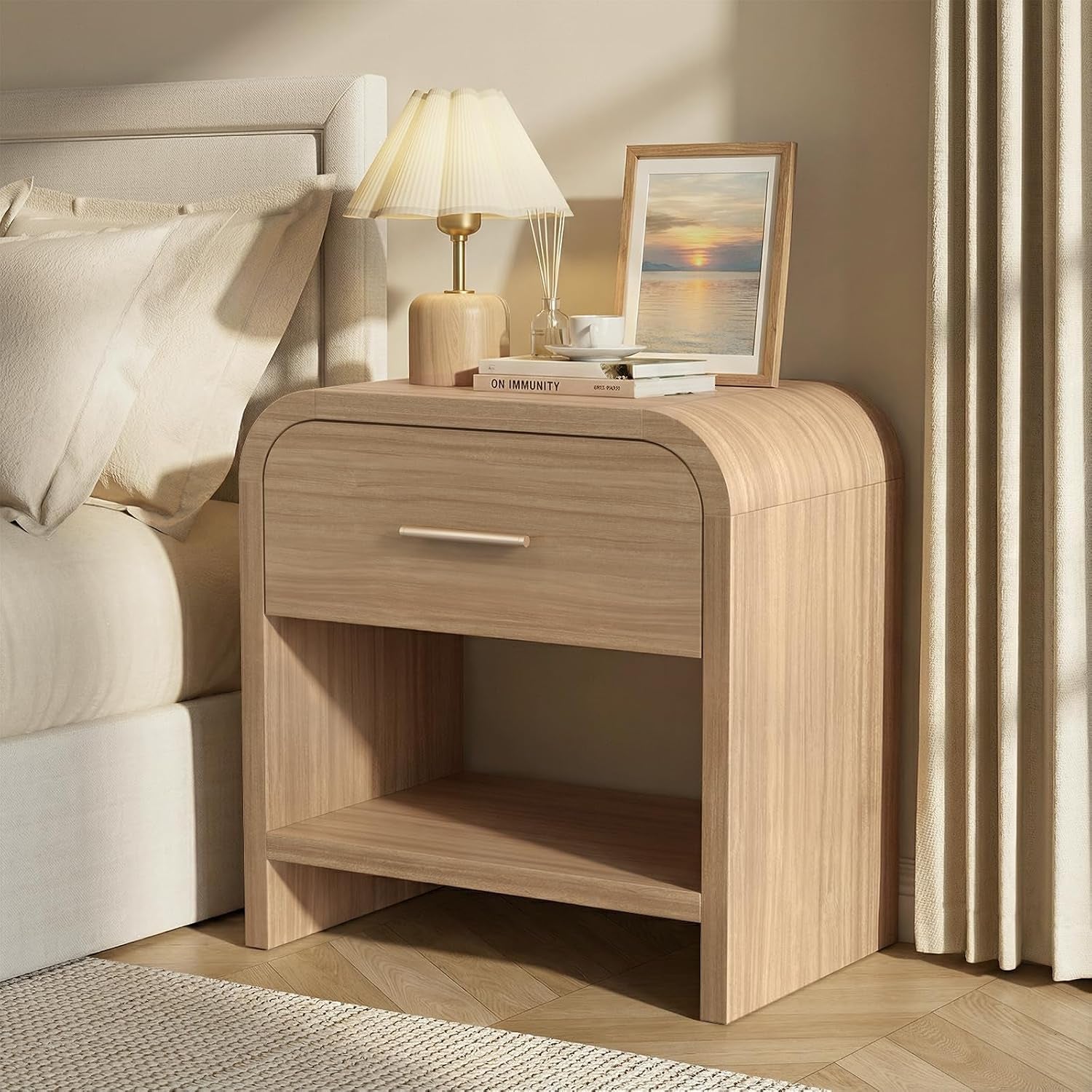 Side view of a single-drawer nightstand showing a lower open shelf and curved wood-grain top.
