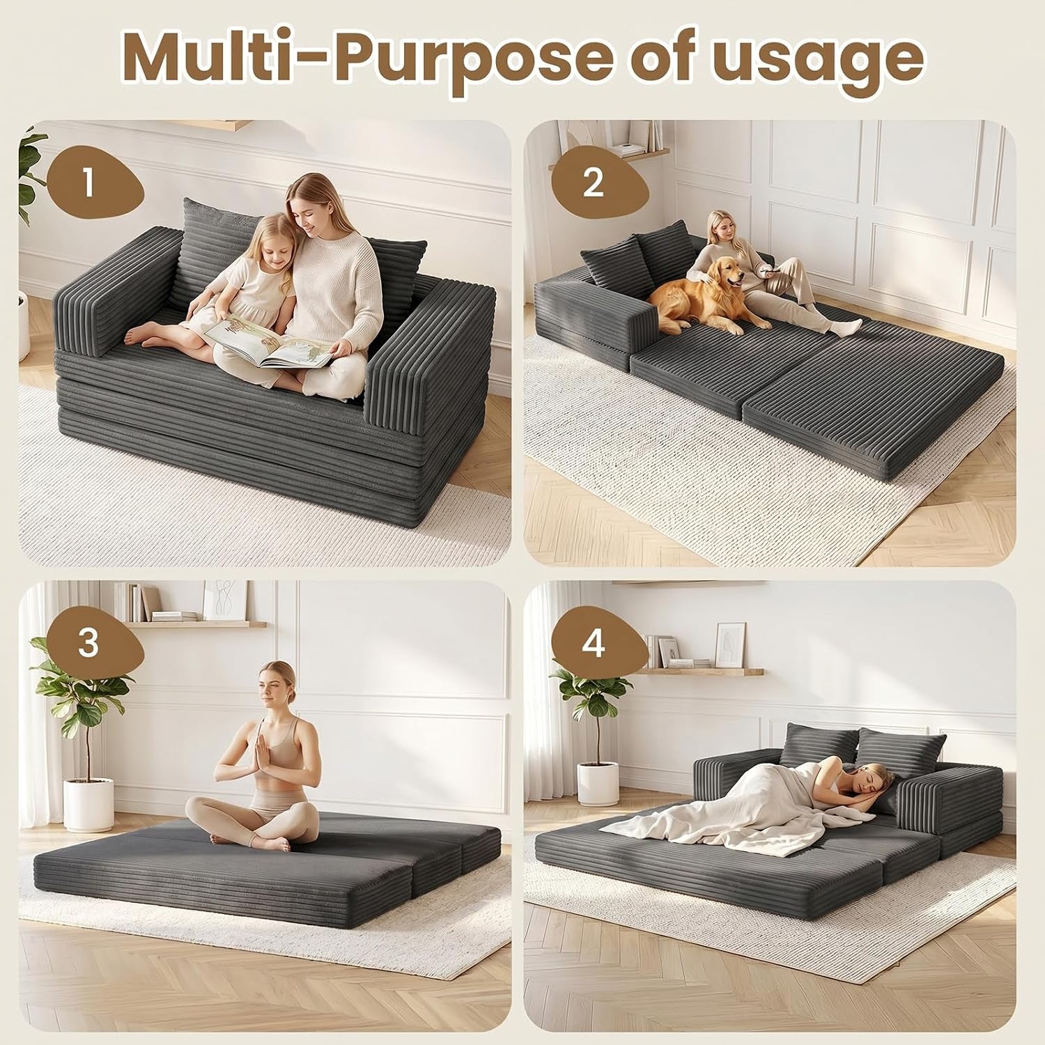 Four-panel collage showing uses: seated on loveseat, extended as sofa bed, floor yoga on unfolded bed, and sleeping on folded
