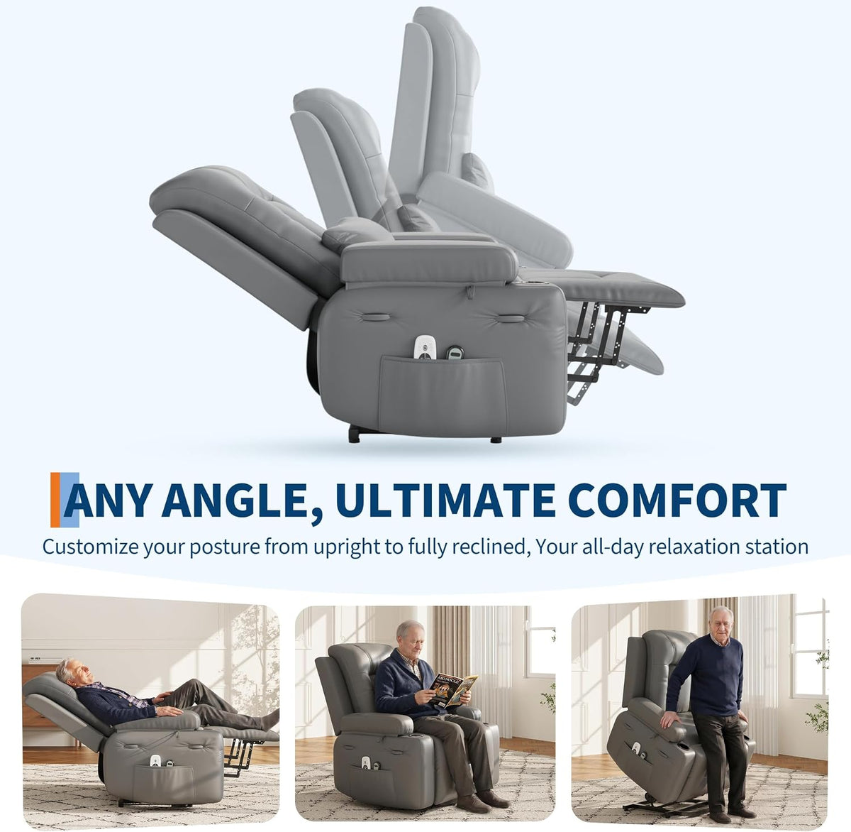 Grey recliner side profile illustrating multiple recline and lift positions with lifestyle thumbnails of sitting and standing