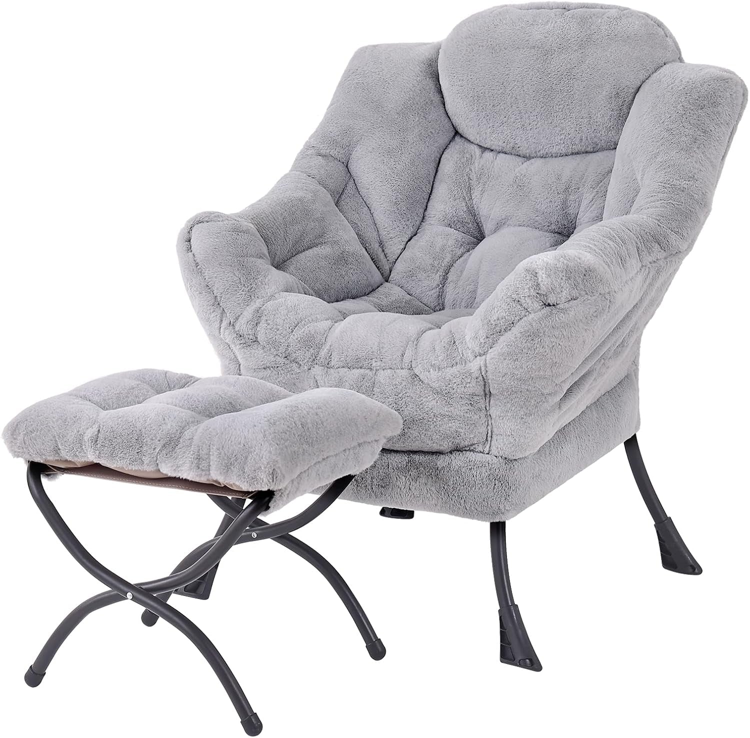 Plush dark gray lounge chair with matching padded ottoman on black metal legs, shown on white background.