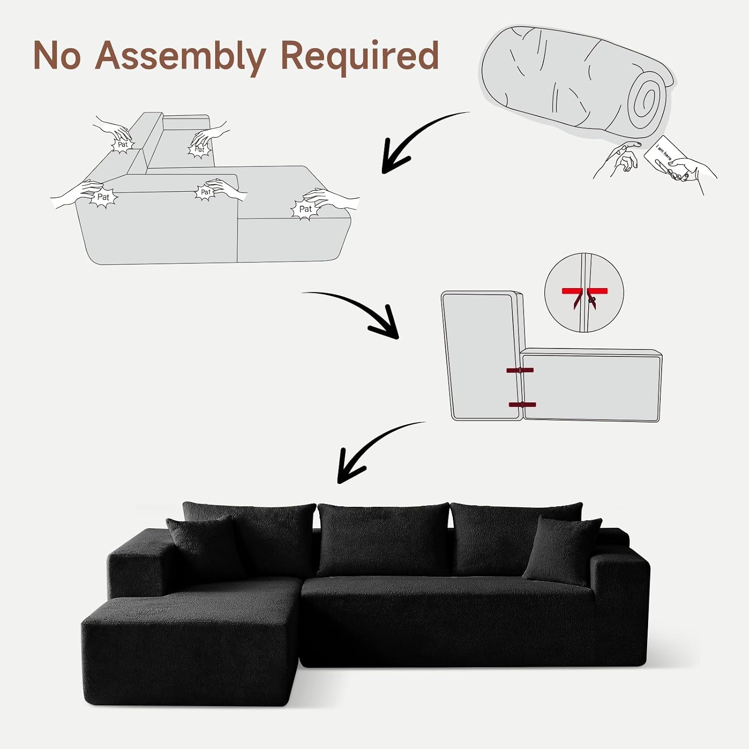 Instruction-style illustration of a rolled compressed sofa expanding, connection points, and the assembled L-shaped