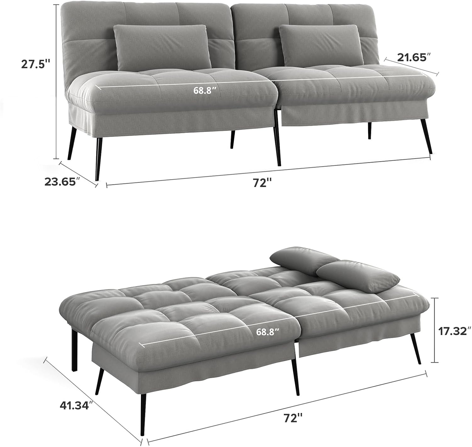 Gray futon shown in sofa and flat positions with measurement lines and support legs.