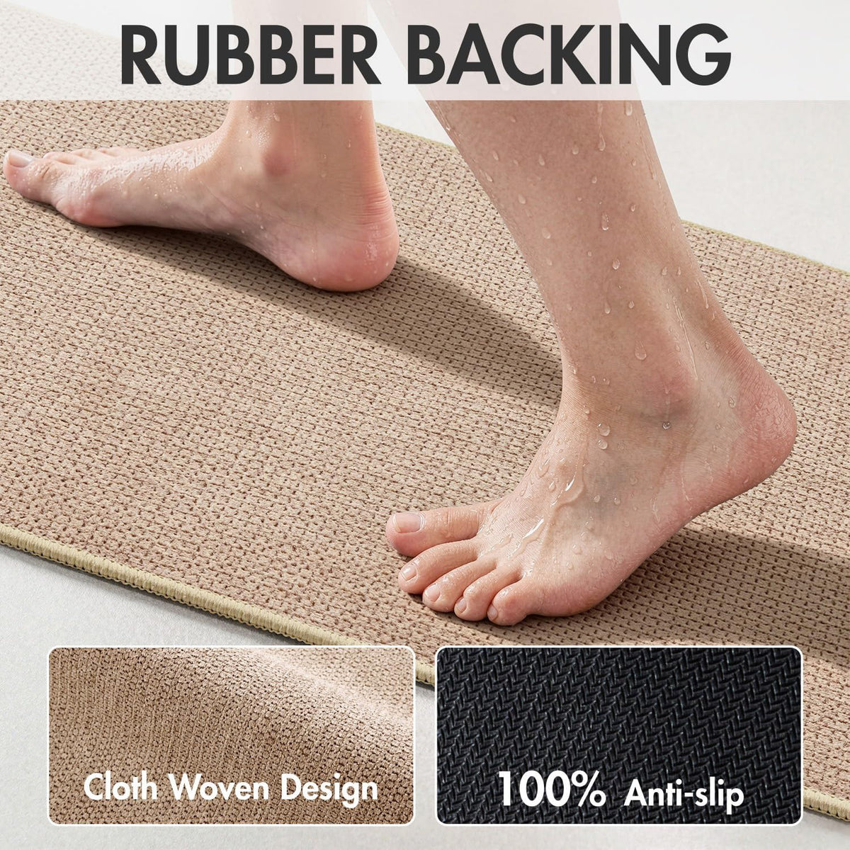 Person's wet feet stepping on a beige bath mat, highlighting the woven terry texture and rubber-backed surface