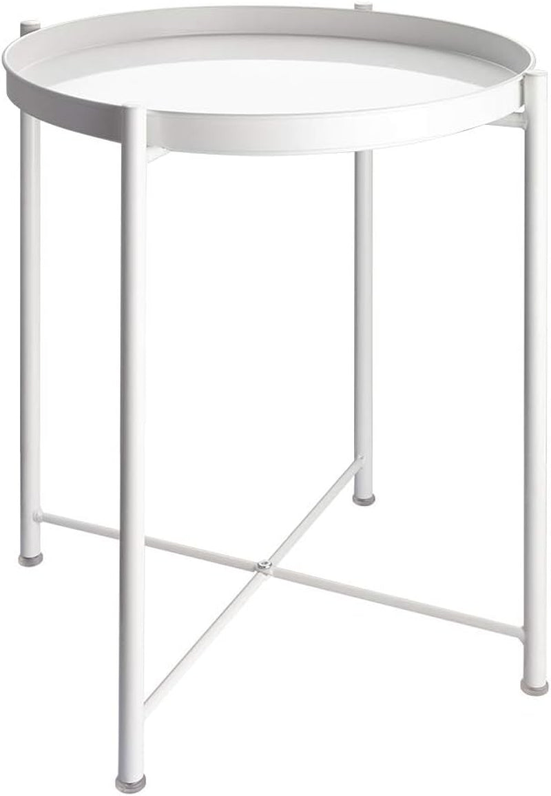 Simple white round metal side table with raised edge and X-shaped leg supports