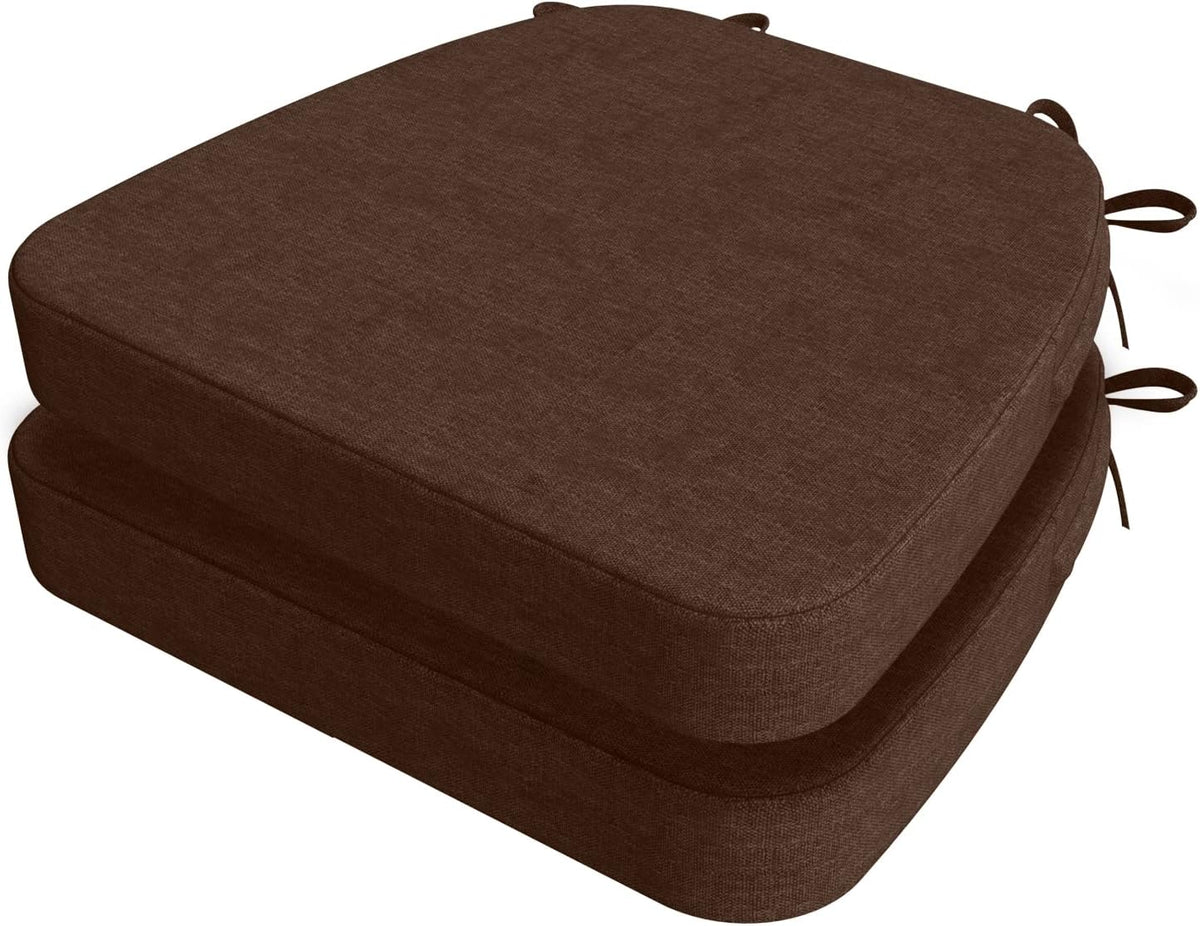 Angled top view of two dark brown D-shaped cushions stacked, side tie loops visible on the right.
