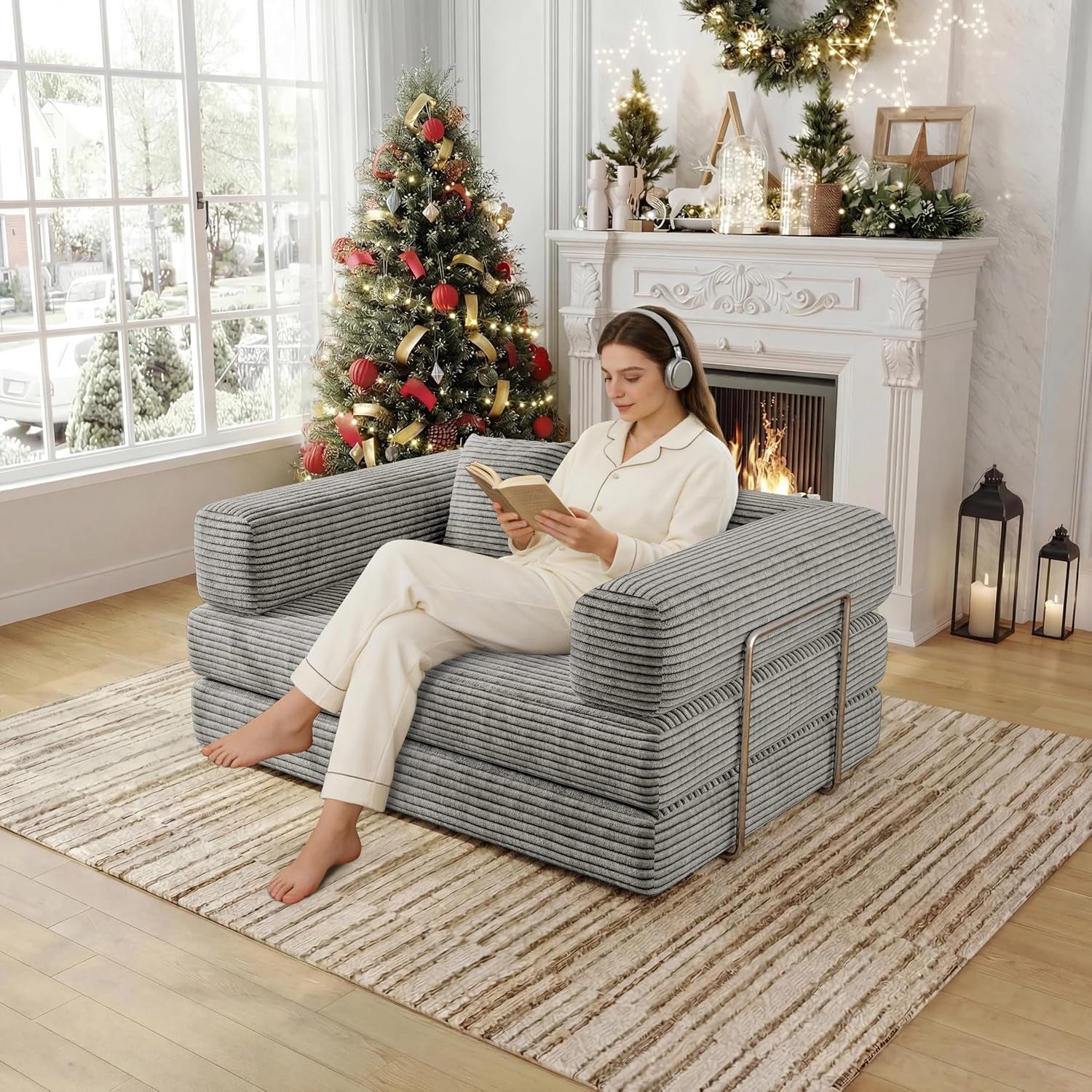 4 in 1 Convertible Sofas Boneless Couches with 2 Pillow, Modern Corduroy Futon Bed, Modular Queen Sofa with Pull-Out Bed, Loveseat for Living Room, Small Space Apartment 53.15" Double Sofa