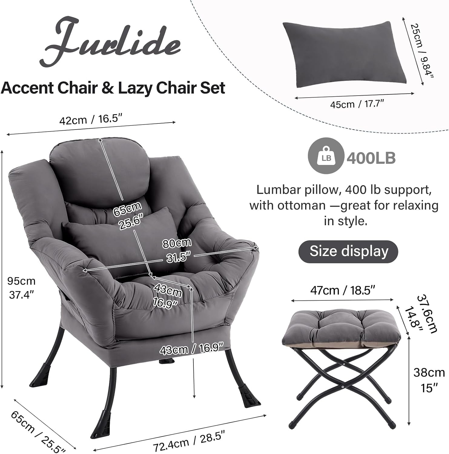 Product diagram of the chair and ottoman showing measured lines and a separate lumbar pillow illustration