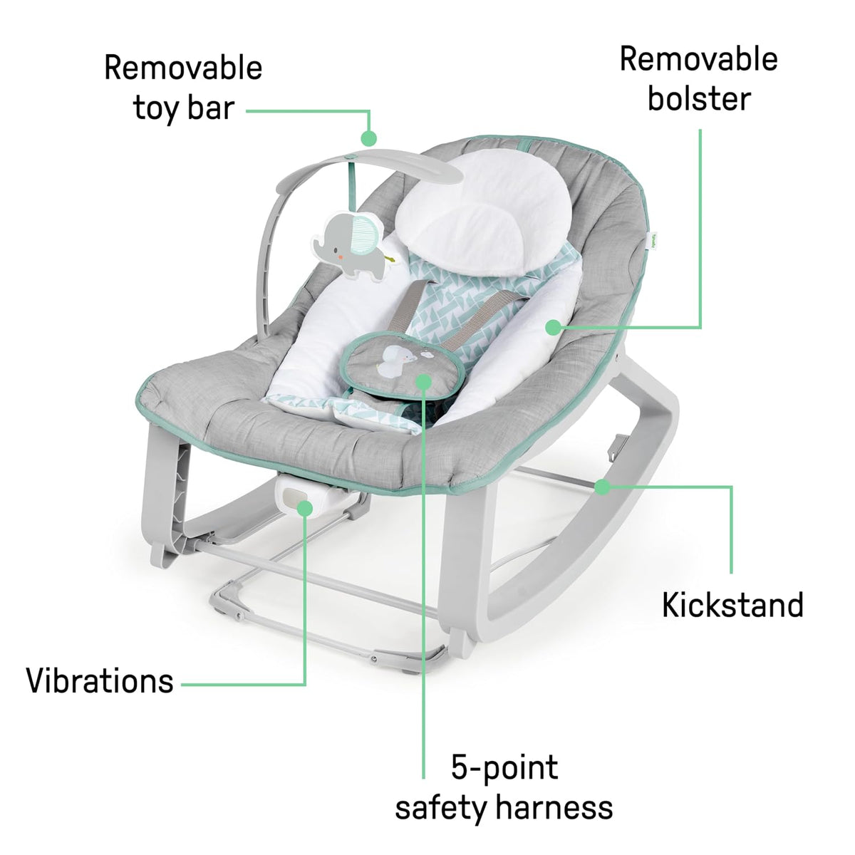 Three-quarter view of a gray and mint-trim baby bouncer with toy bar, bolster and kickstand callouts.