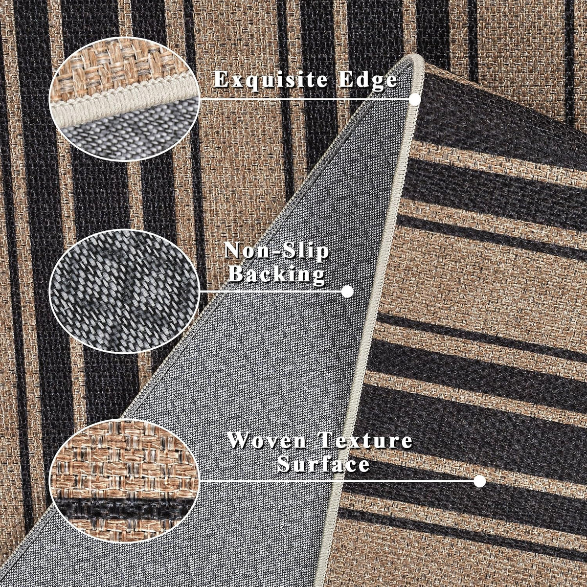 Reversed corner showing woven jute-look surface, TPR non-slip backing and finished edge close-up