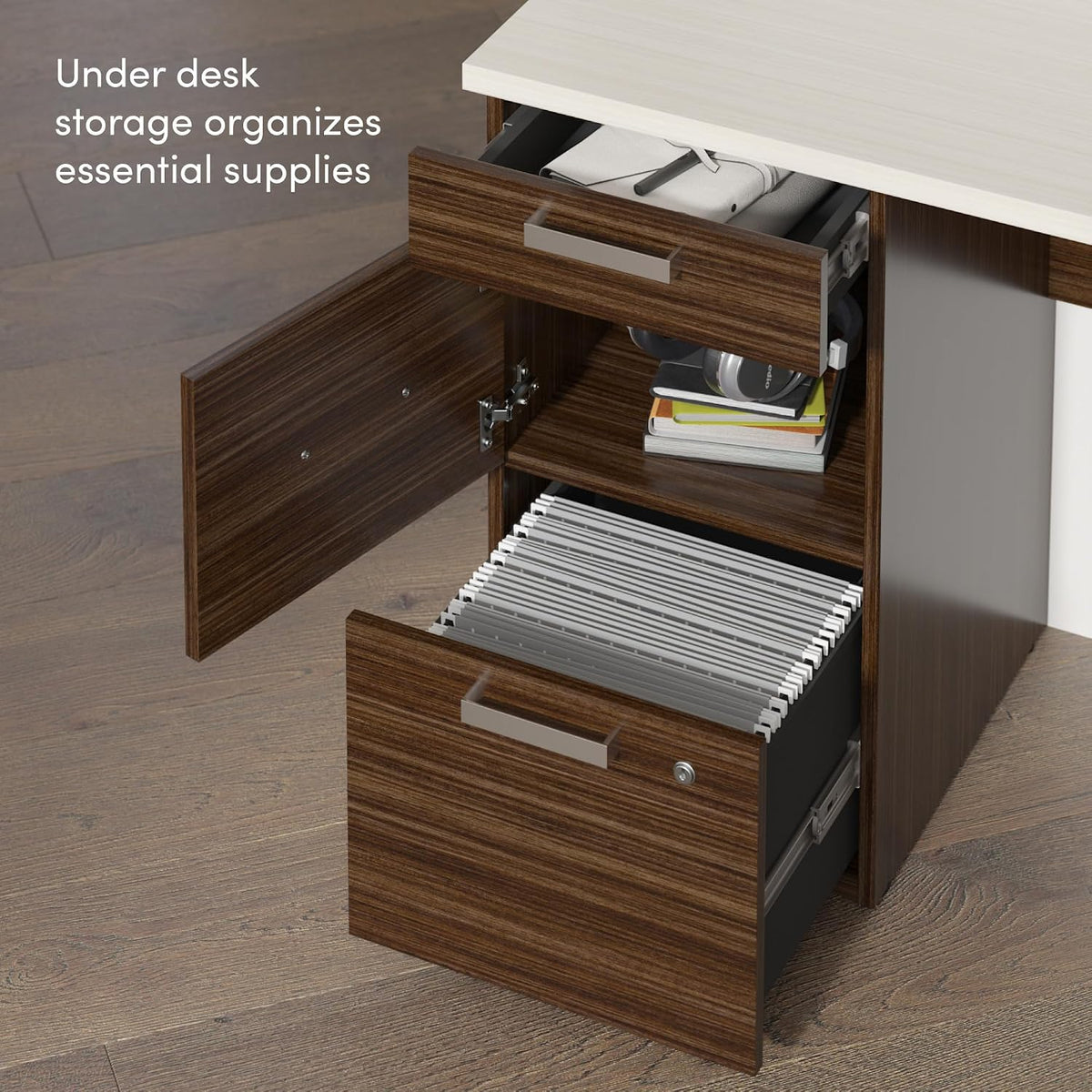 Close-up of the pedestal showing a utility drawer, open shelf and locking letter/legal file drawer