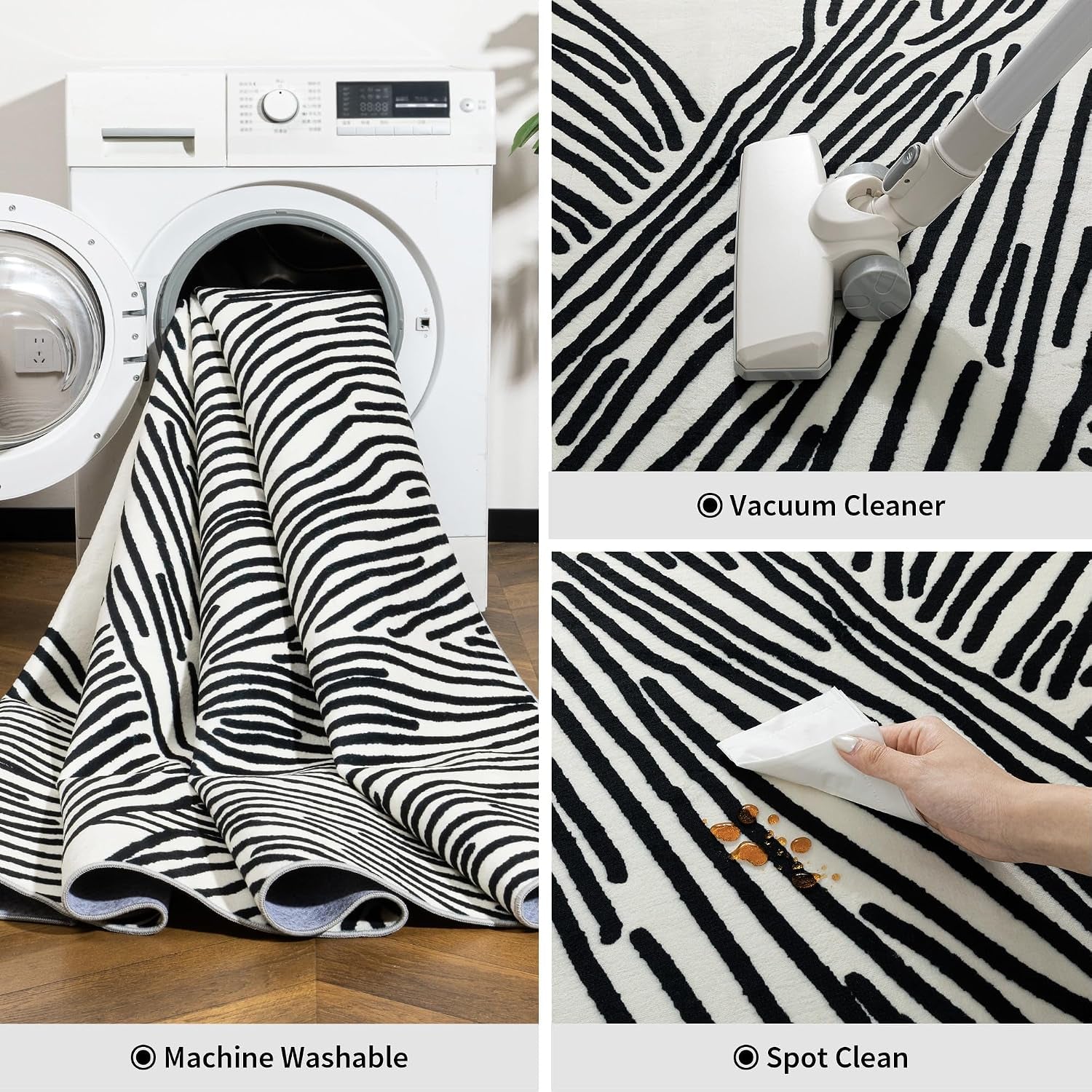 Three-panel collage: rug going into a washer, vacuuming a striped area, and a hand spot-cleaning a spill on the pile.