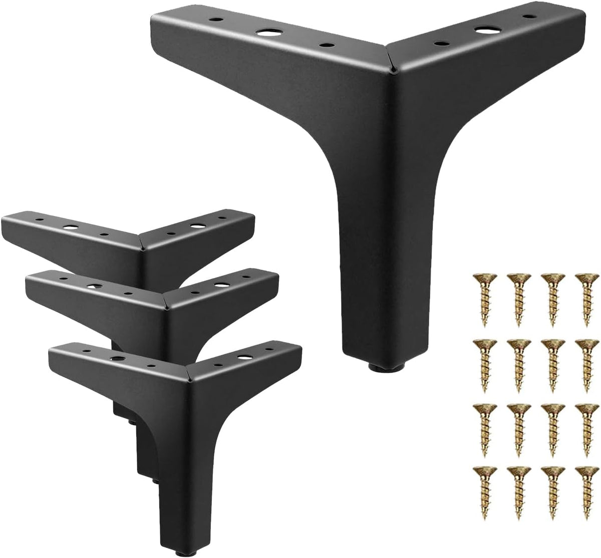 Three black furniture legs laid out with a grid of included gold mounting screws in a close-up product layout