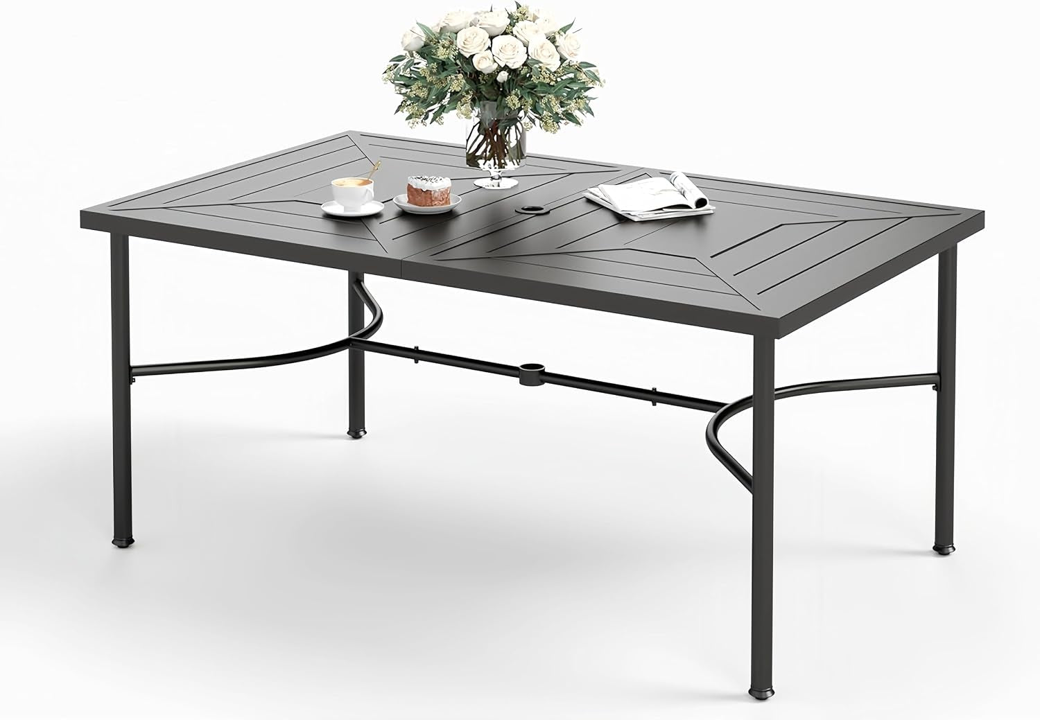 Studio top-angled view emphasizing the slatted tabletop pattern and umbrella hole at center.