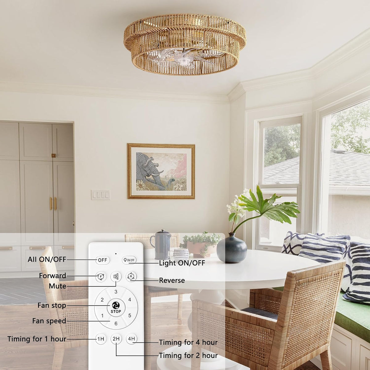 Wide room view with a natural rattan flush-mount ceiling fan installed above a dining table in neutral decor