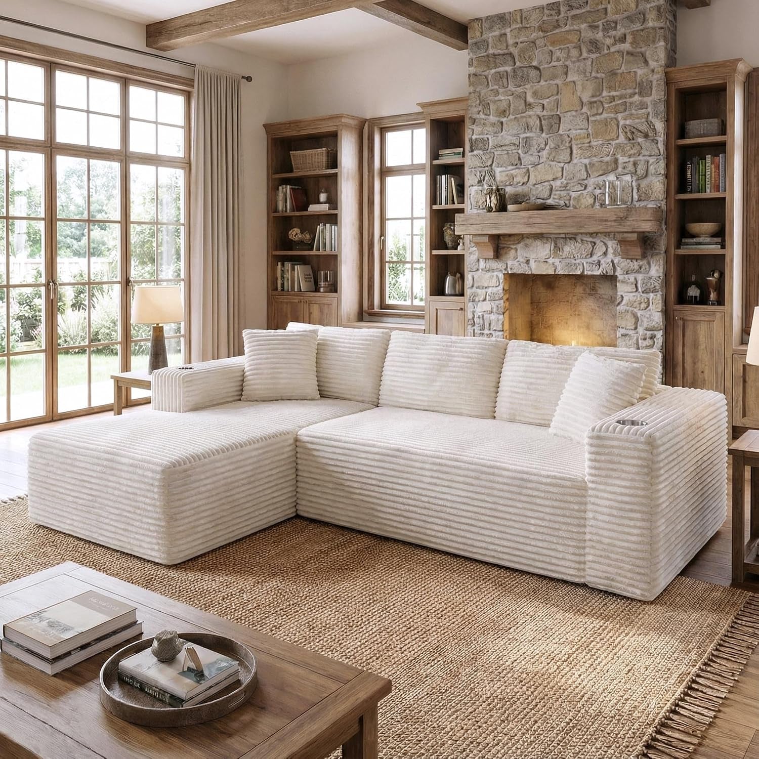 White ribbed L-shaped sectional with a left chaise in a rustic living room.