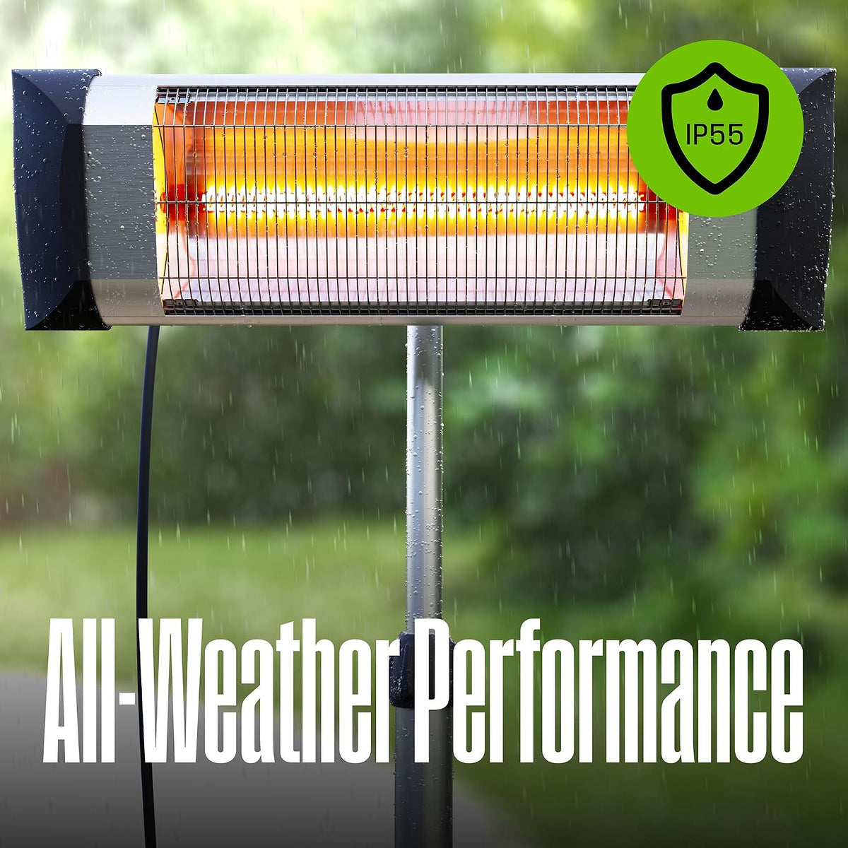 Close-up of heater head with rain droplets on the grill and an IP55 badge visible
