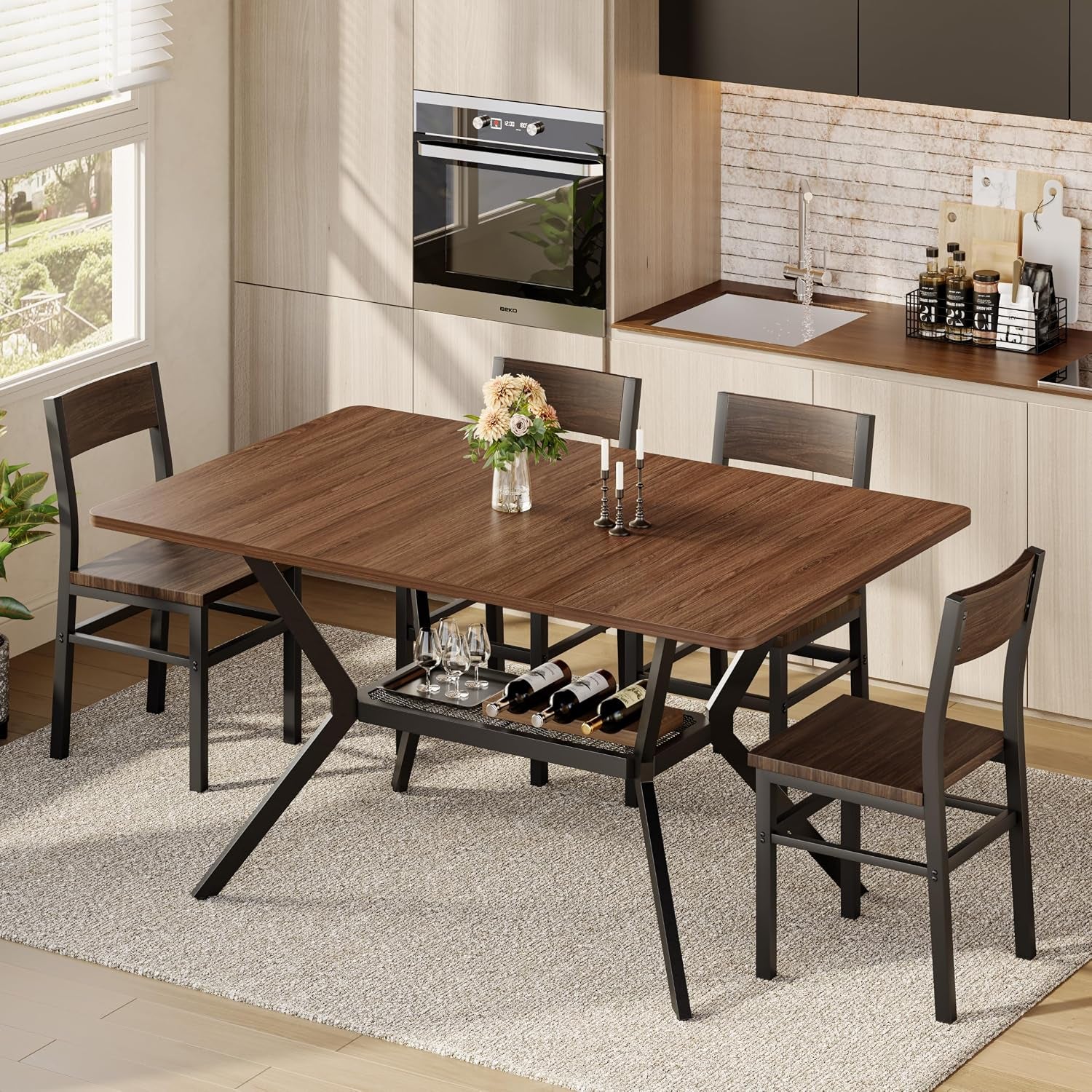 Warm-dark walnut tabletop and matching chairs in a kitchen scene, angled legs and mesh shelf shown with bottles and tray.