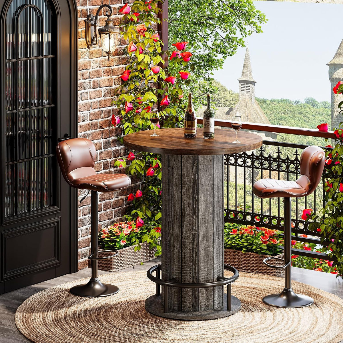 Round bistro table on a balcony with plants and two bar stools, shown in an outdoor-adjacent setting