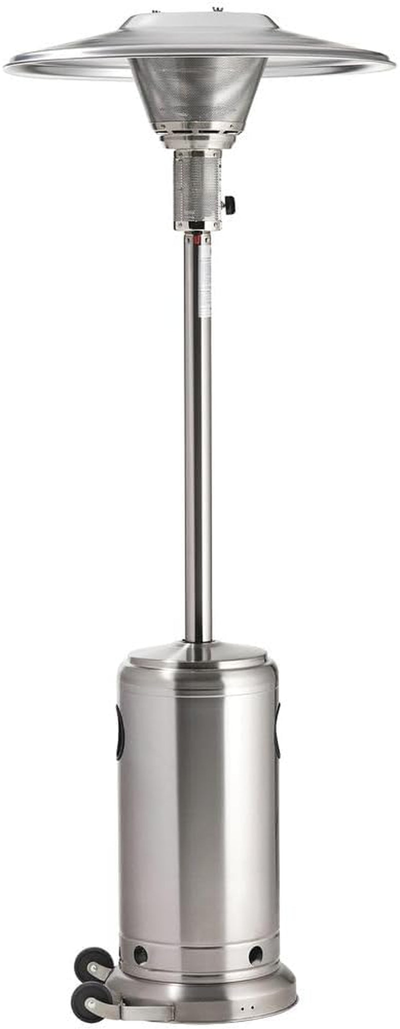 Stainless steel mushroom patio heater isolated on white showing reflector, pole, and base with wheels