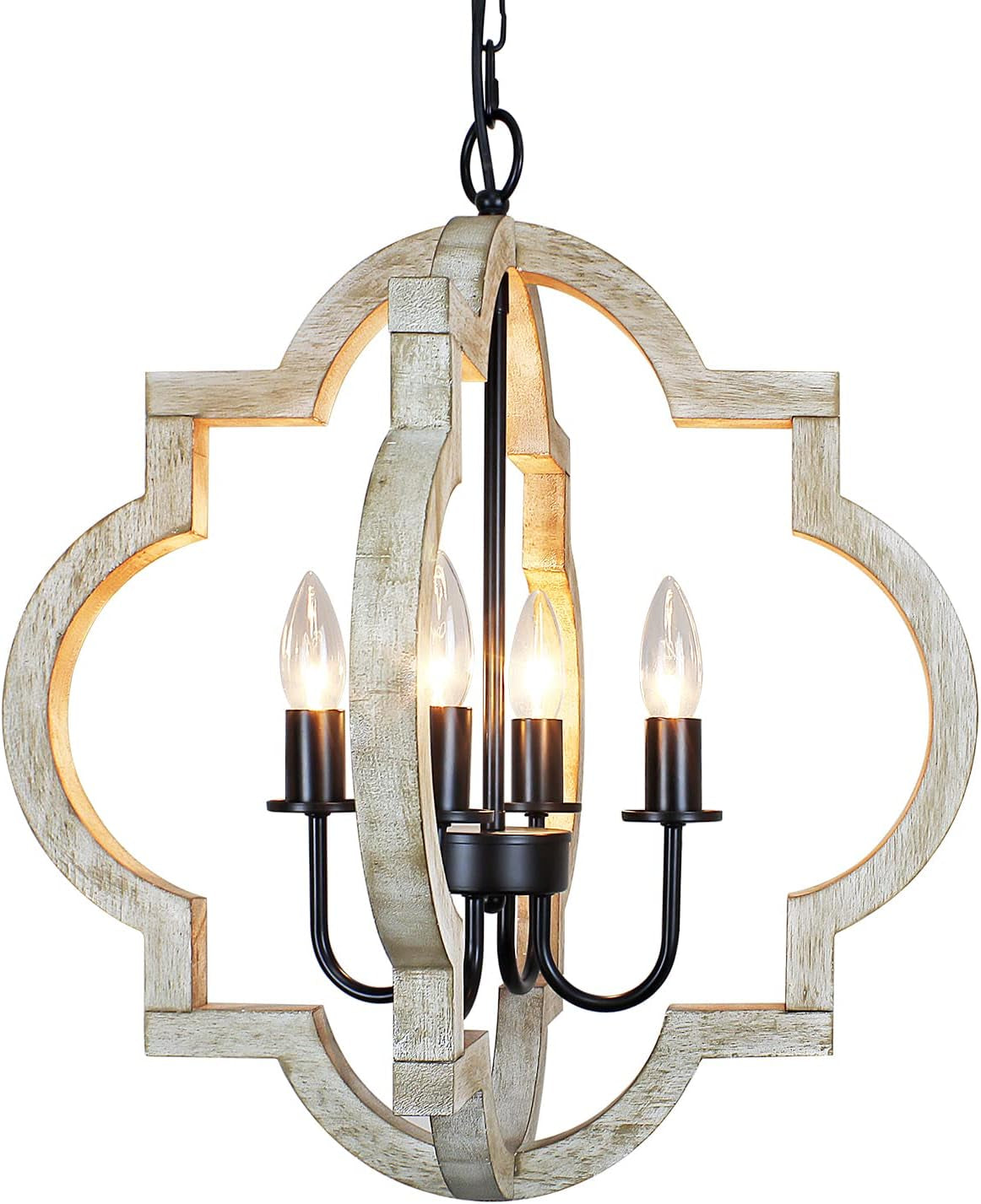 Wood-finish farmhouse orb chandelier close-up showing four candle-style lights and black metal arms
