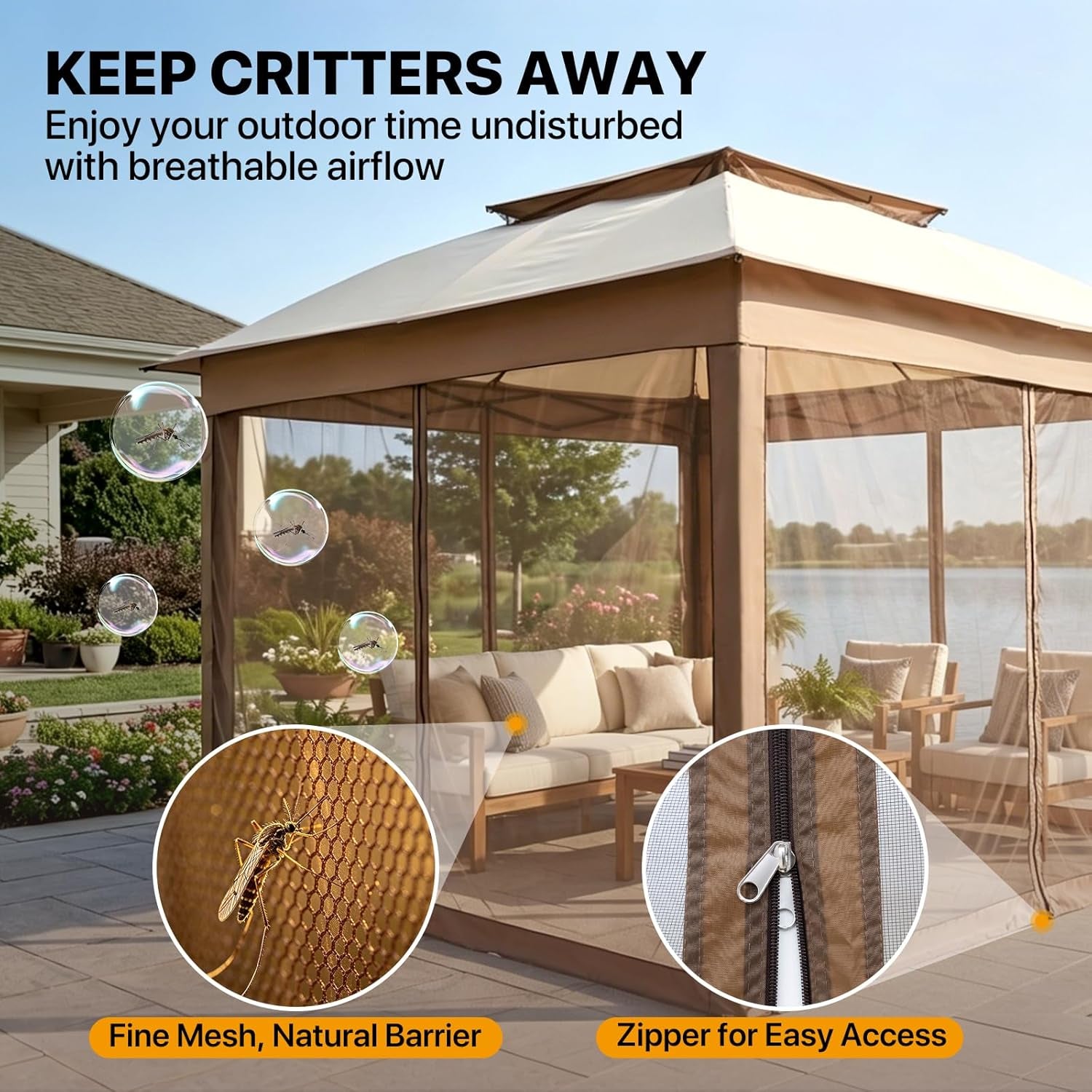 Close-up of fine mesh sidewall and zipper pull highlighting insect-barrier mesh and access zipper