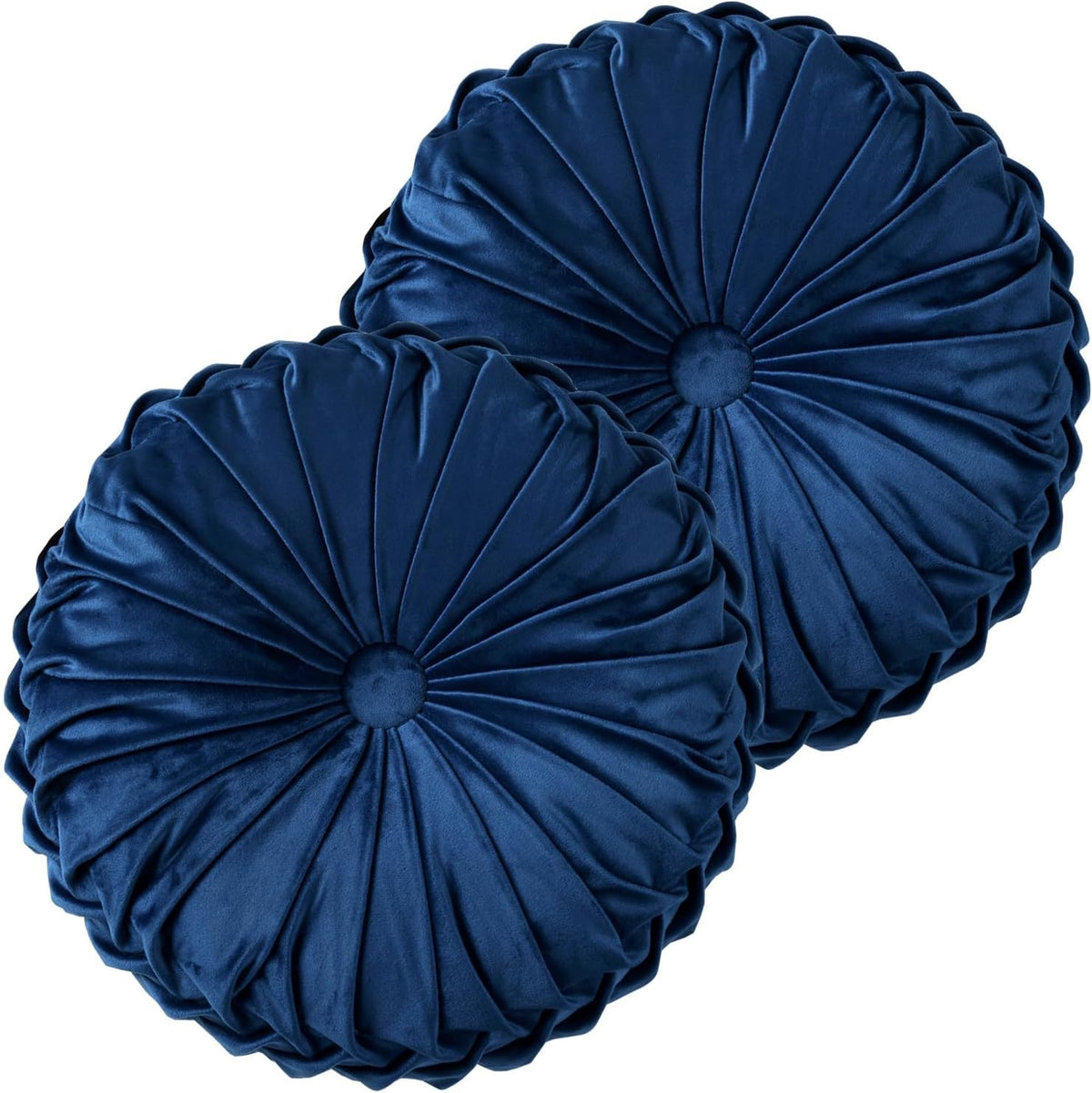 Two round ruched throw pillows in deep navy shown close up, overlapping on white background