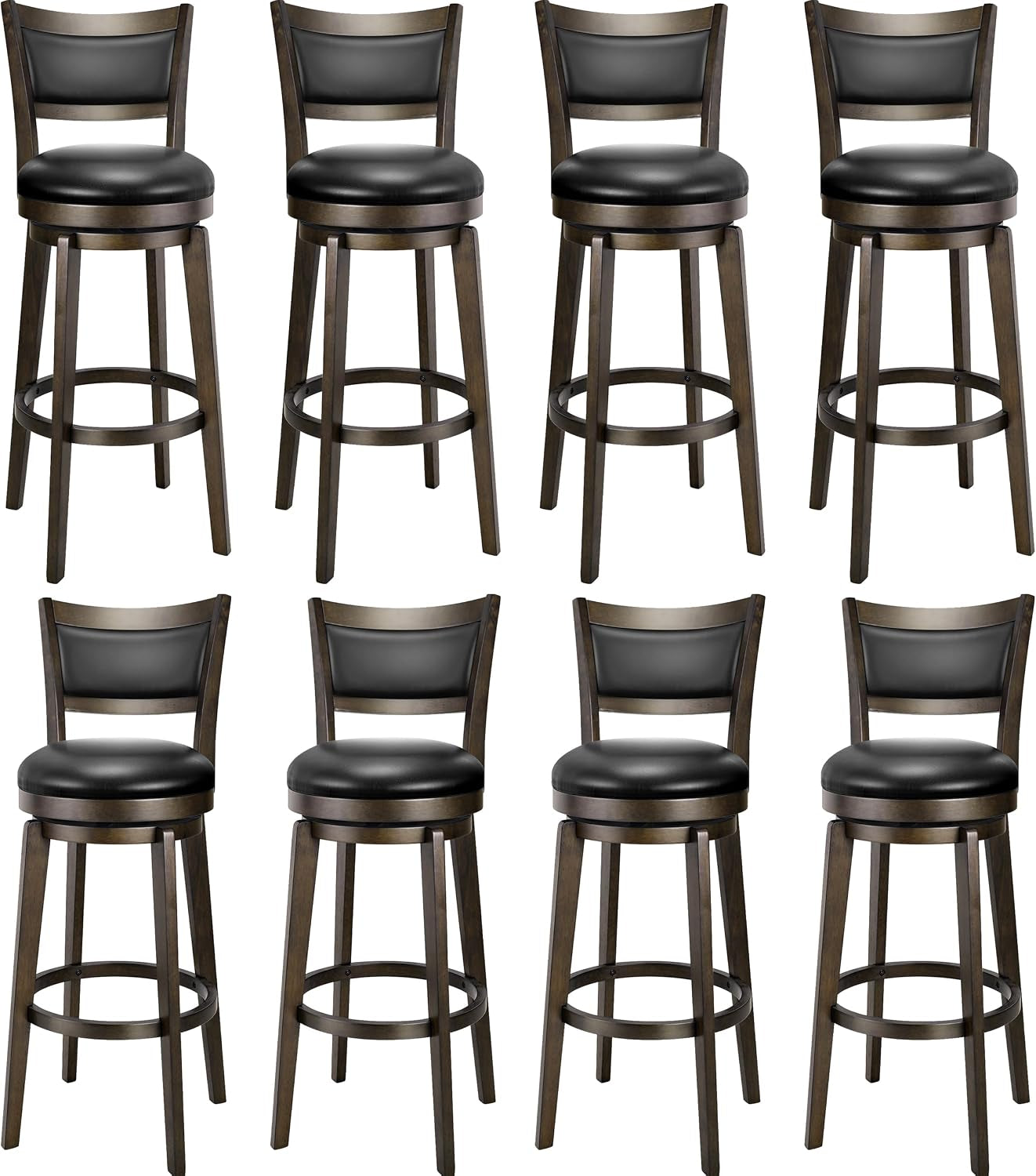 Grid of eight bar stools arranged in two rows, each with black seat cushion and dark stained wooden frame.