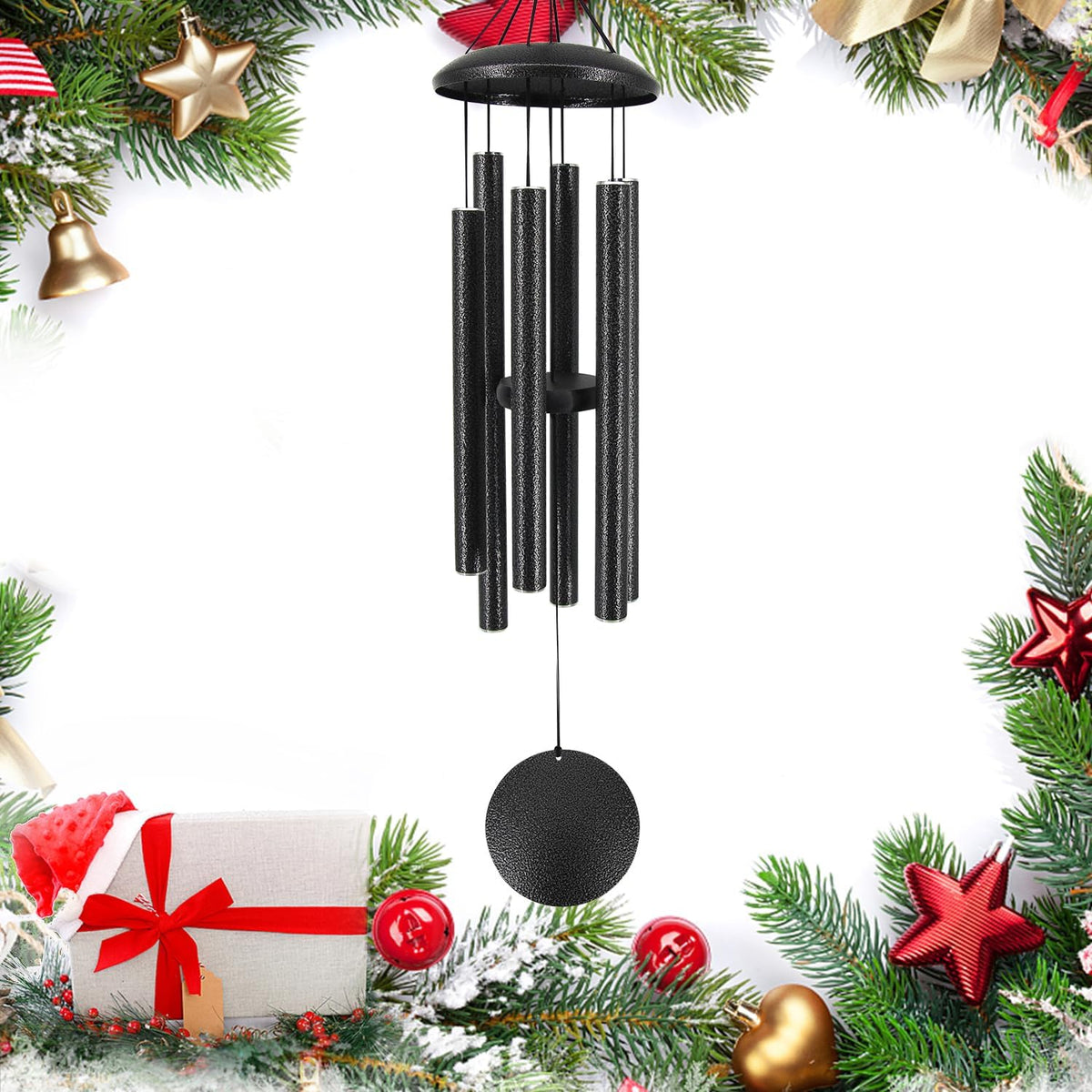 Studio-style front view of six black metal wind chimes with a round sail and festive holiday border.