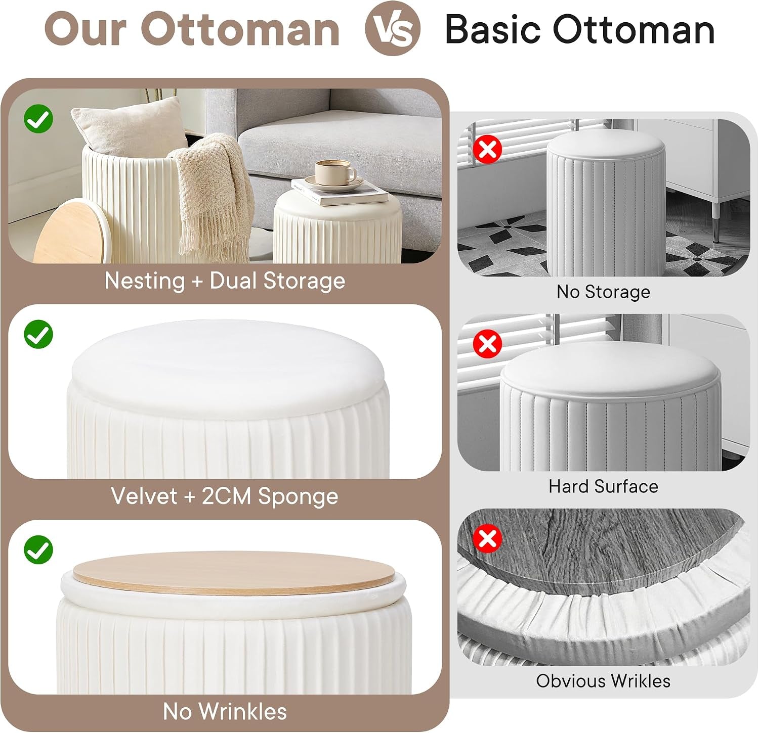 Split graphic comparing two round ottoman styles with checkmarks and closeups of velvet tops and wooden lids.