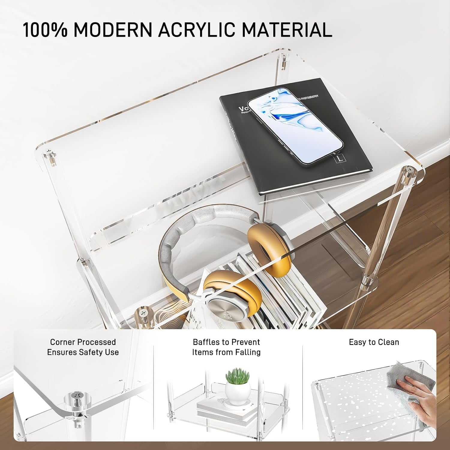 Top-down view showing clear acrylic top shelf, rounded processed corners and baffles to keep items from falling