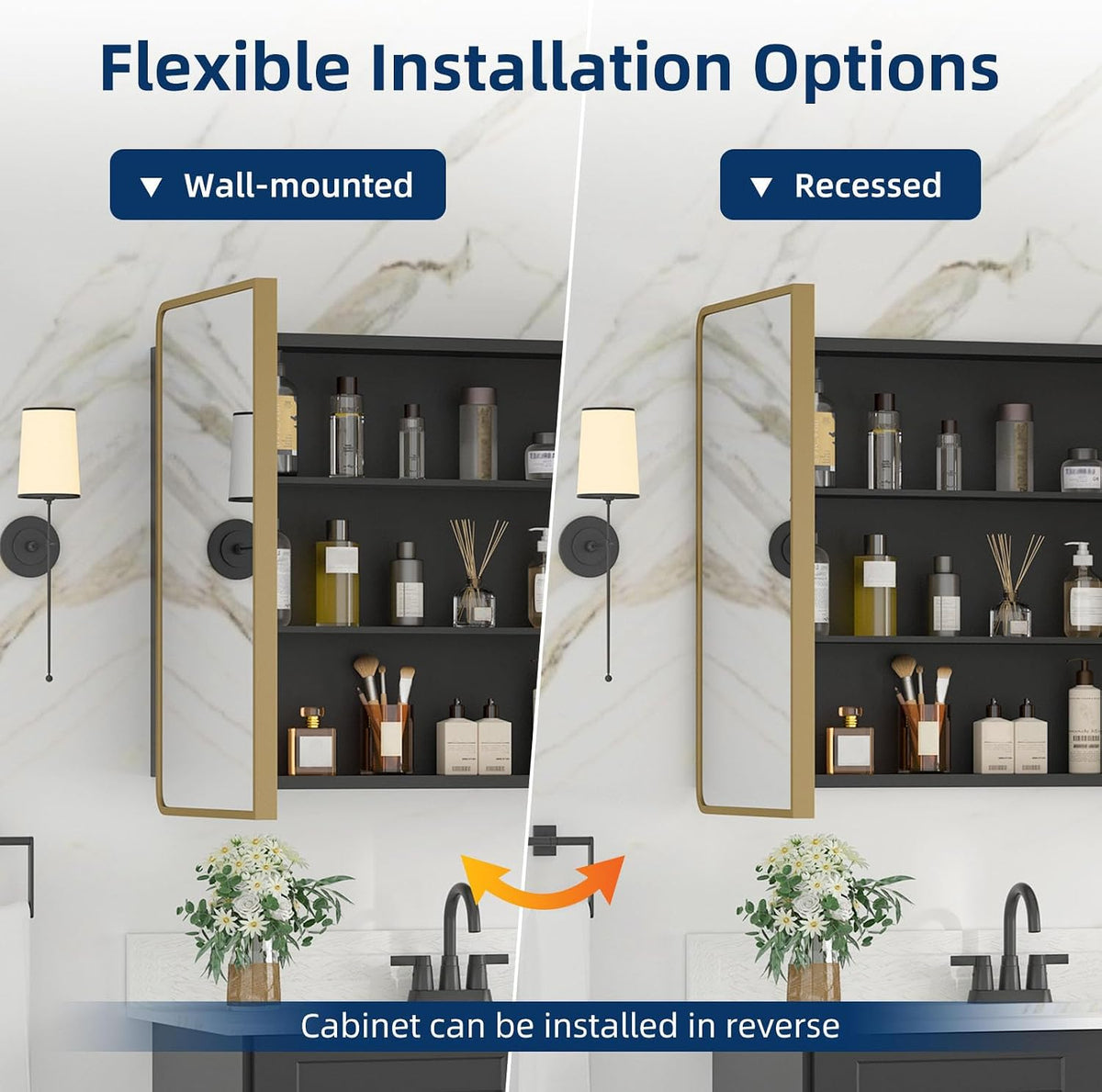Split image showing flexible installation: wall-mounted cabinet on left and recessed installation on right, both with door