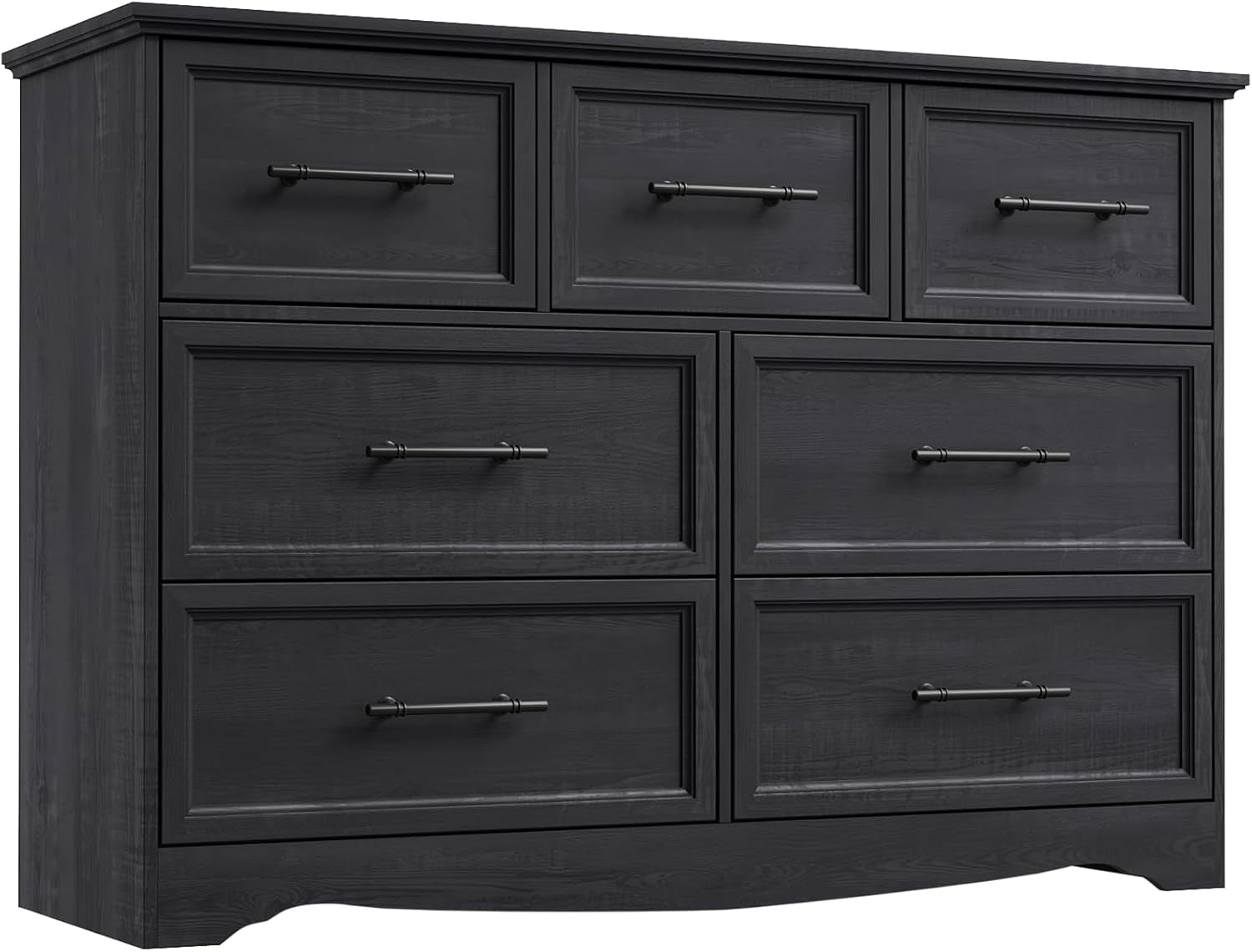 Wide black dresser front view with three small top drawers and three larger lower drawers