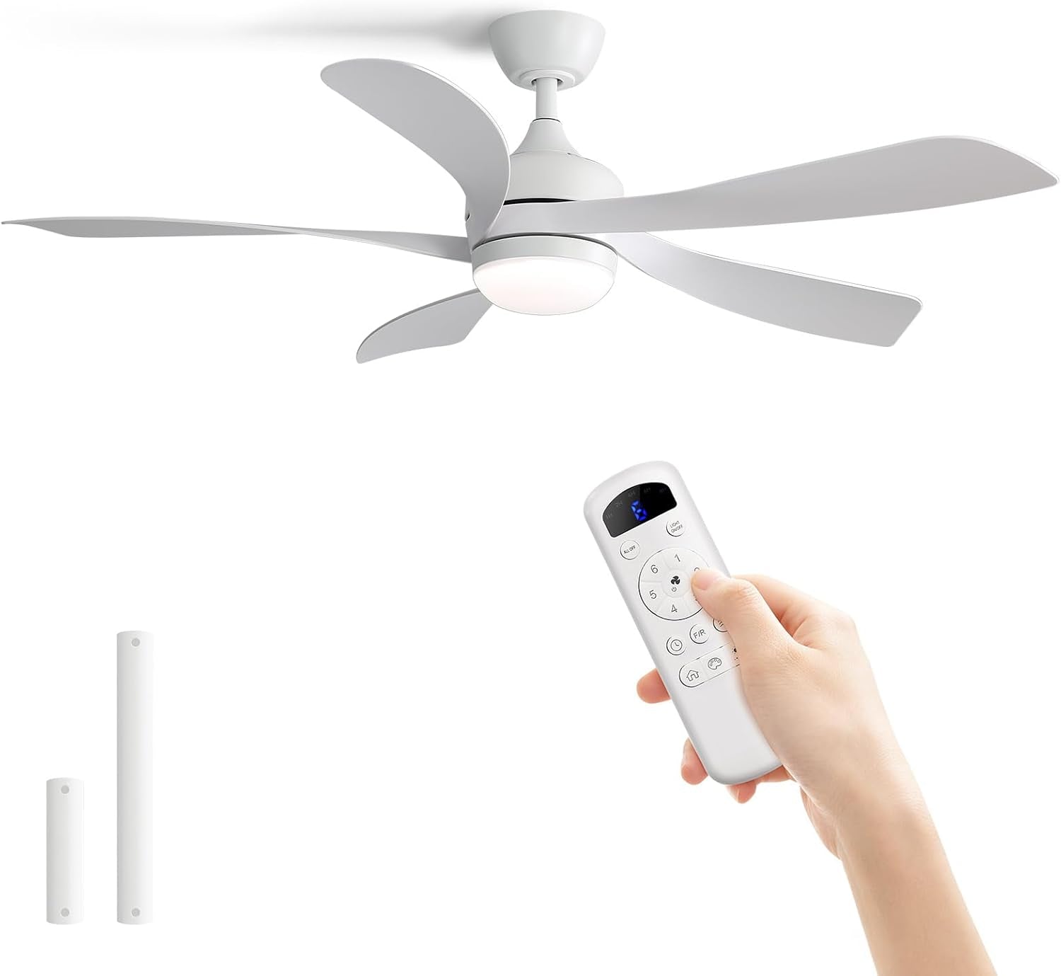 White ceiling fan viewed from below with hand holding a white remote control.