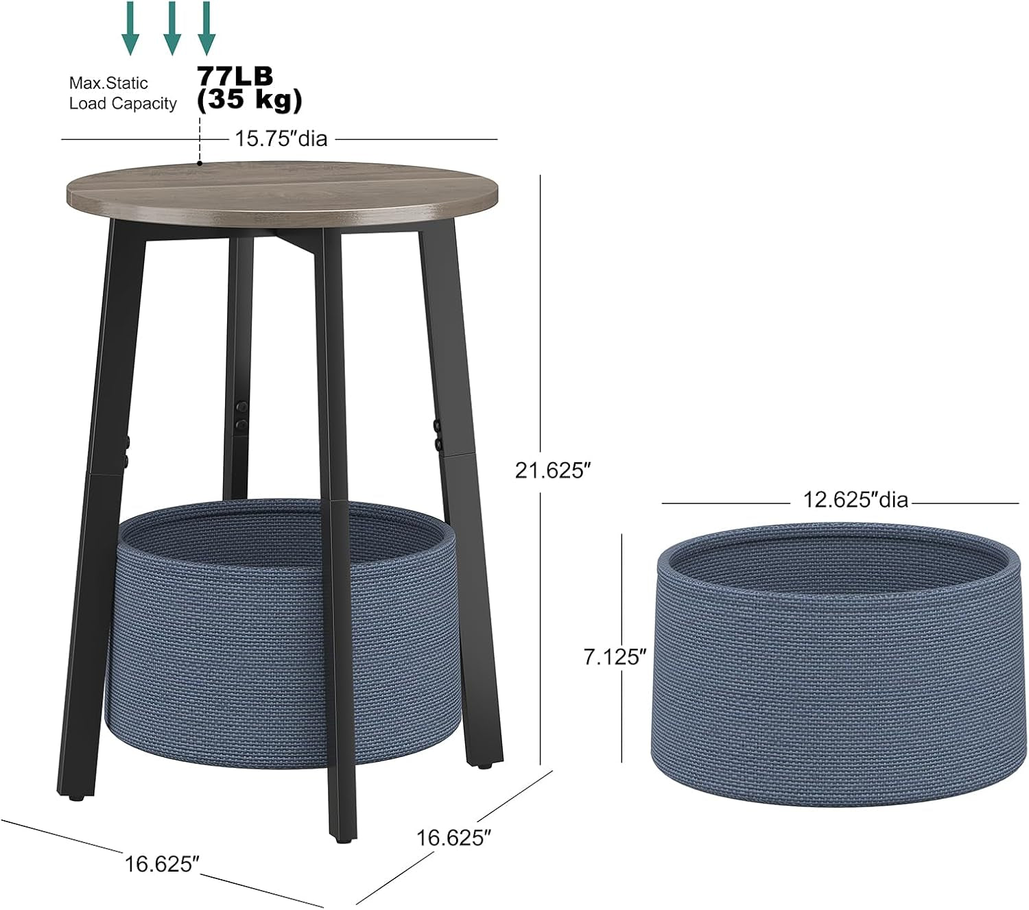 Graphic showing the table with a separate blue woven basket, annotated with measurements
