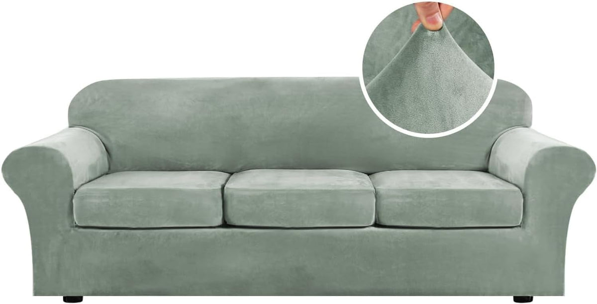 Front-facing three-seat sofa in a muted sage-green velvet slipcover with separate cushions and a circular close-up of the