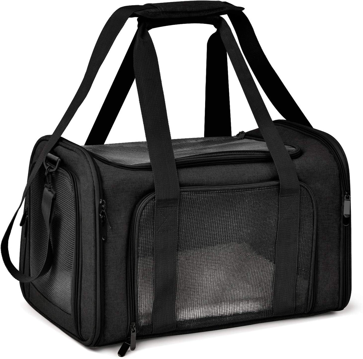 Black pet carrier angled to show mesh side and top handles with padded grip.