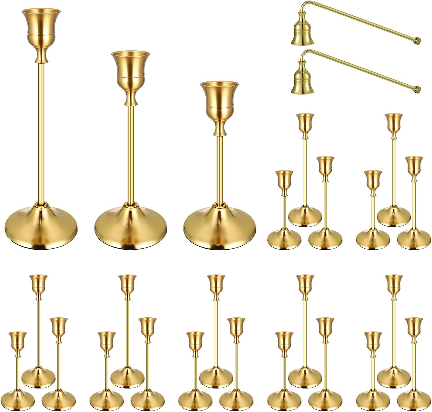 White background layout of many gold candlesticks in three heights plus two matching candle snuffers.