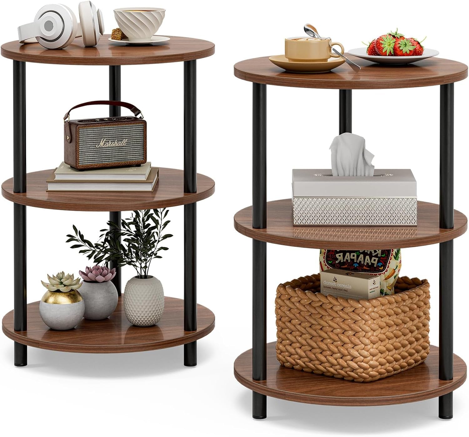 Two round three-tier side tables with rustic brown wood shelves and black metal legs, styled with decor.