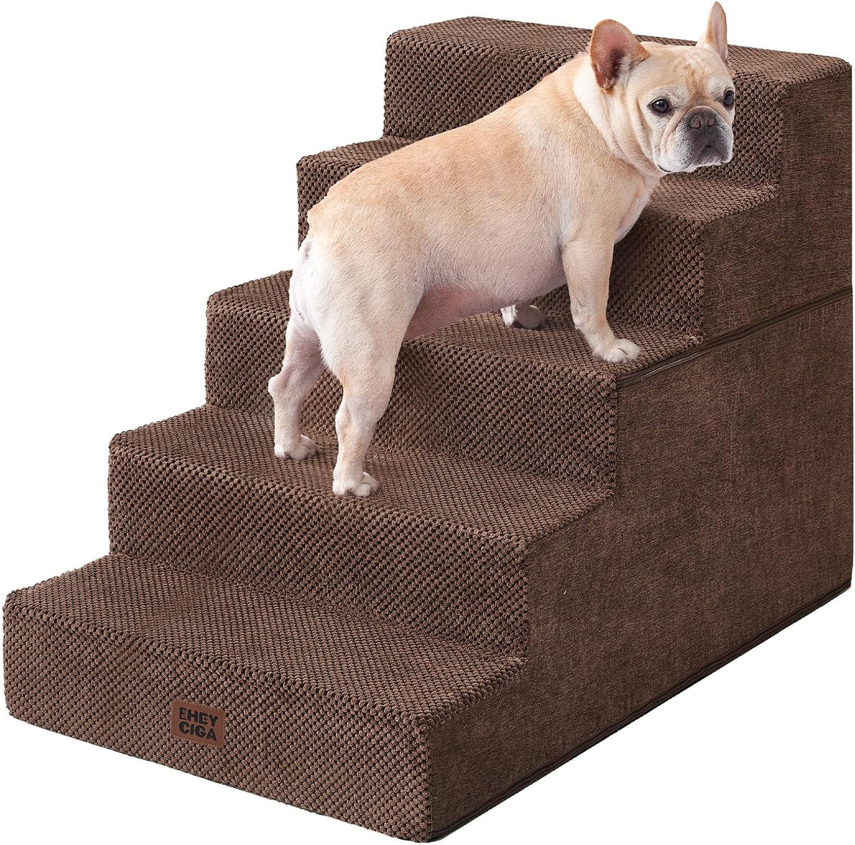 Four-step brown fabric pet stairs with a small dog standing on the third step