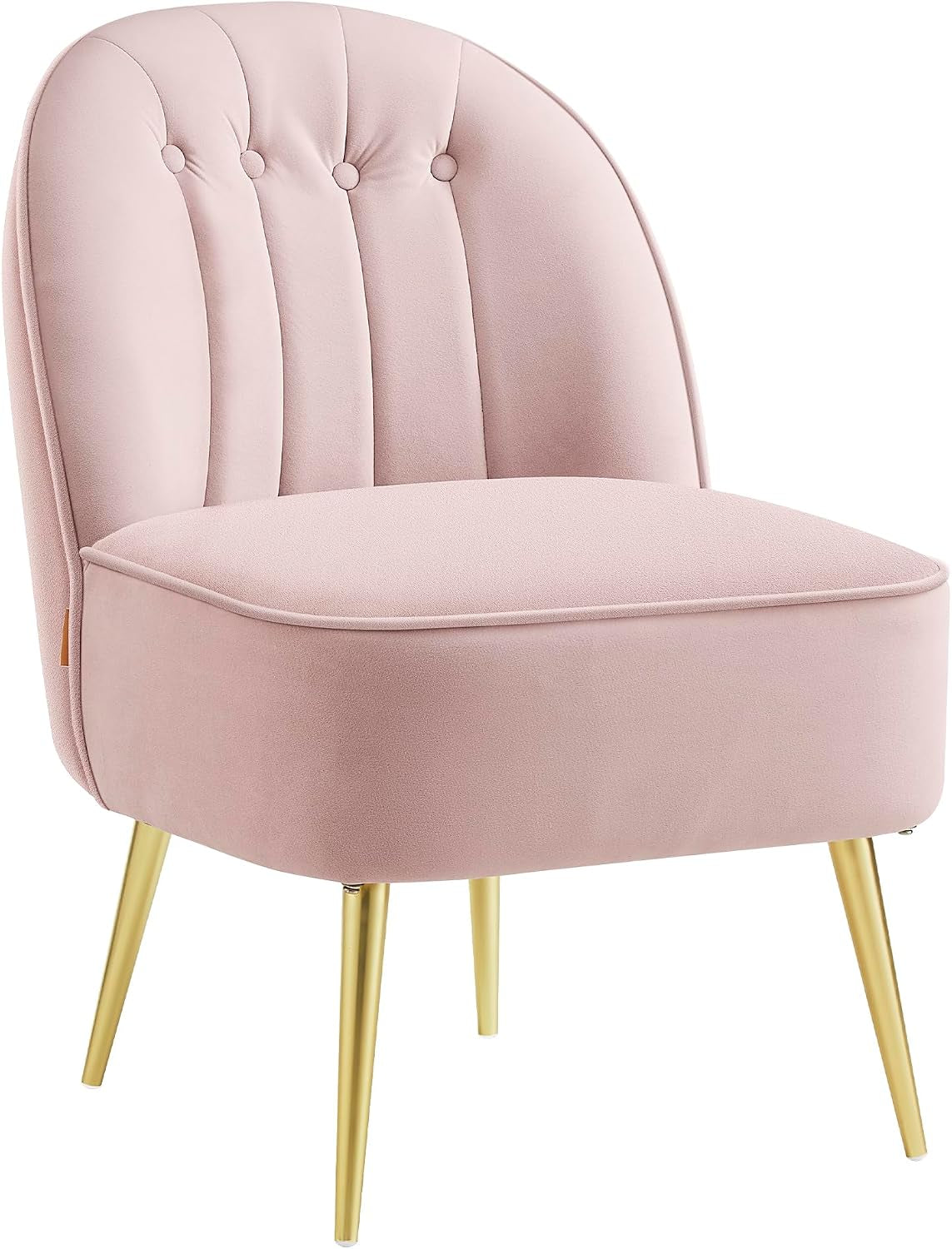 Pink armless accent chair with button-tufted back and slender gold metal legs on a white background.