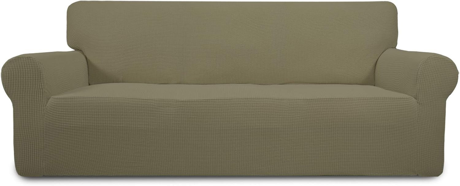 Front-facing two-seat loveseat covered in an olive-taupe textured stretch slipcover