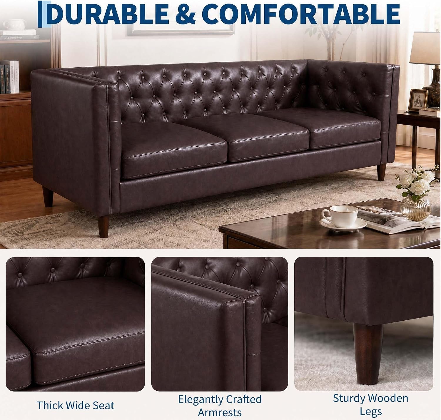 81'' Modern Leather Couch for Living Room, Mid Century Leather Sofa with Deep Seat, Handmade Button Tufted Sofa, Chesterfield 3 Seat Couch for Apartment, Office, Brown