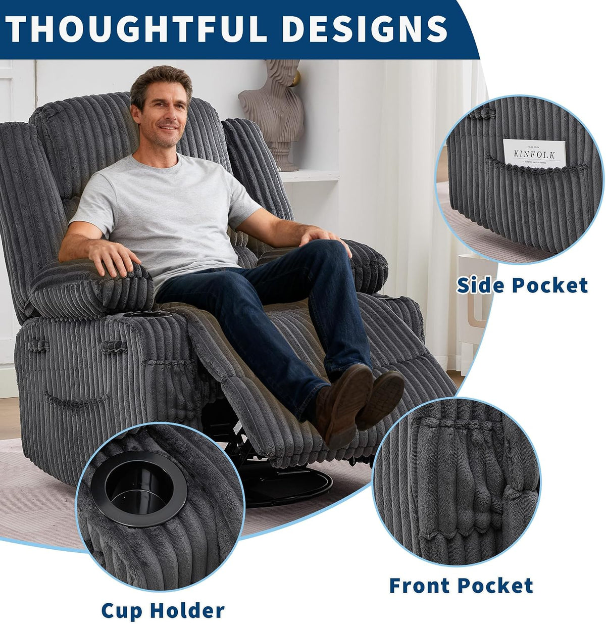 Person seated in dark gray corduroy recliner with highlighted cup holder and fabric pocket details